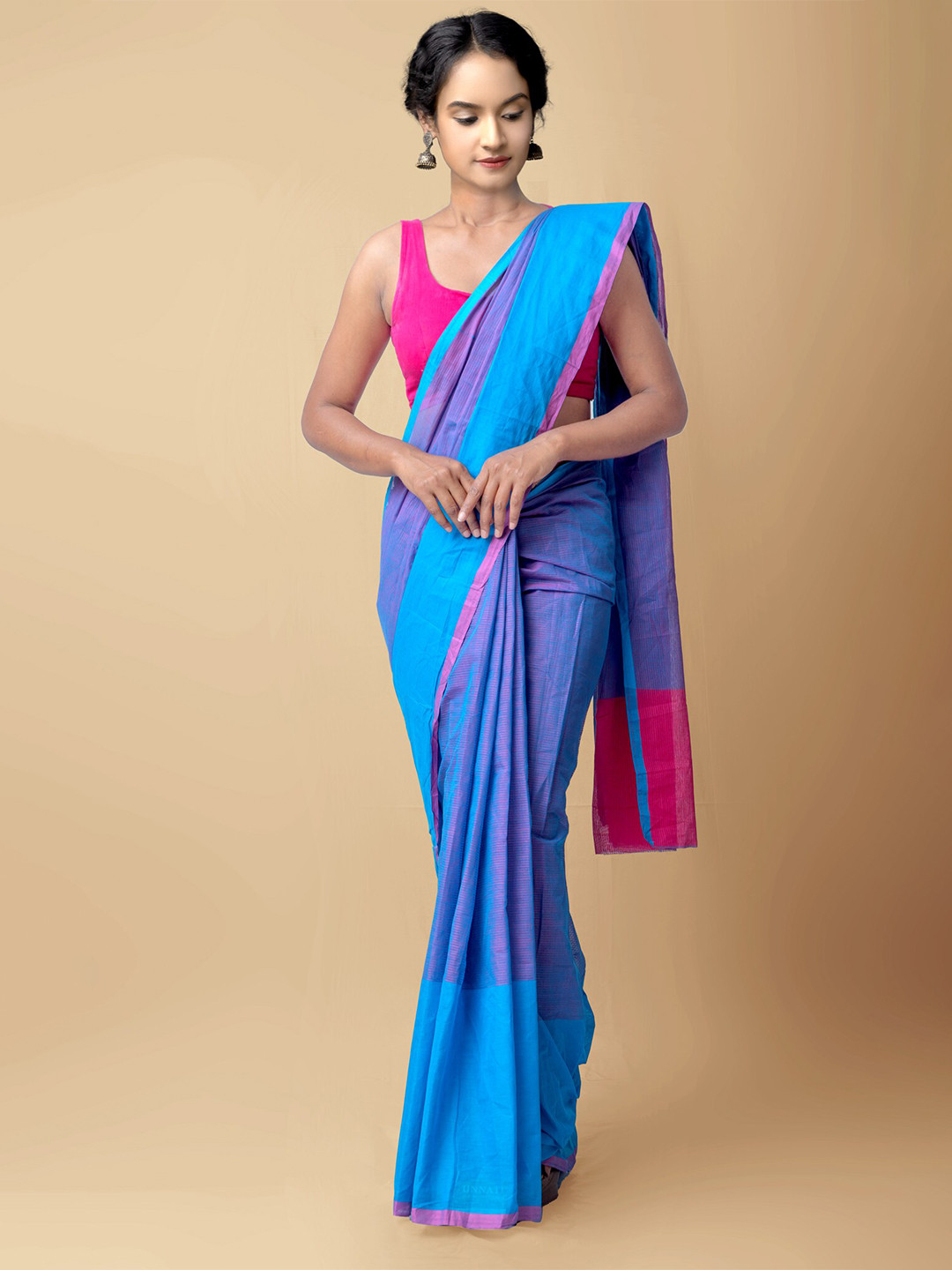 

Unnati Silks Pink & Blue Woven Design Pure Cotton Handloom Sustainable Mangalagiri Saree
