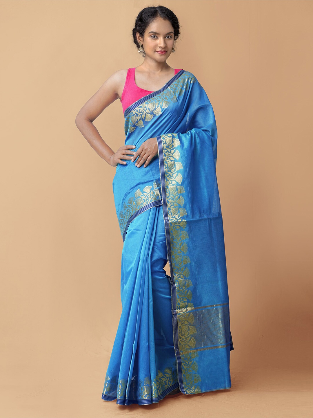 

Unnati Silks Blue & Gold-Toned Zari Silk Cotton Baluchari Saree