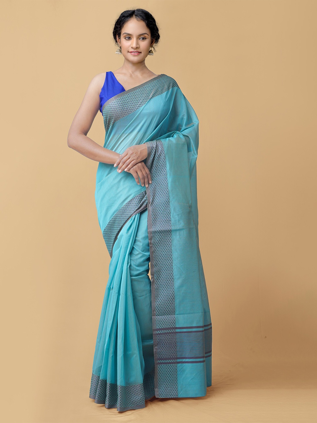 

Unnati Silks Blue & Grey Woven Design Zari Silk Cotton Baluchari Saree