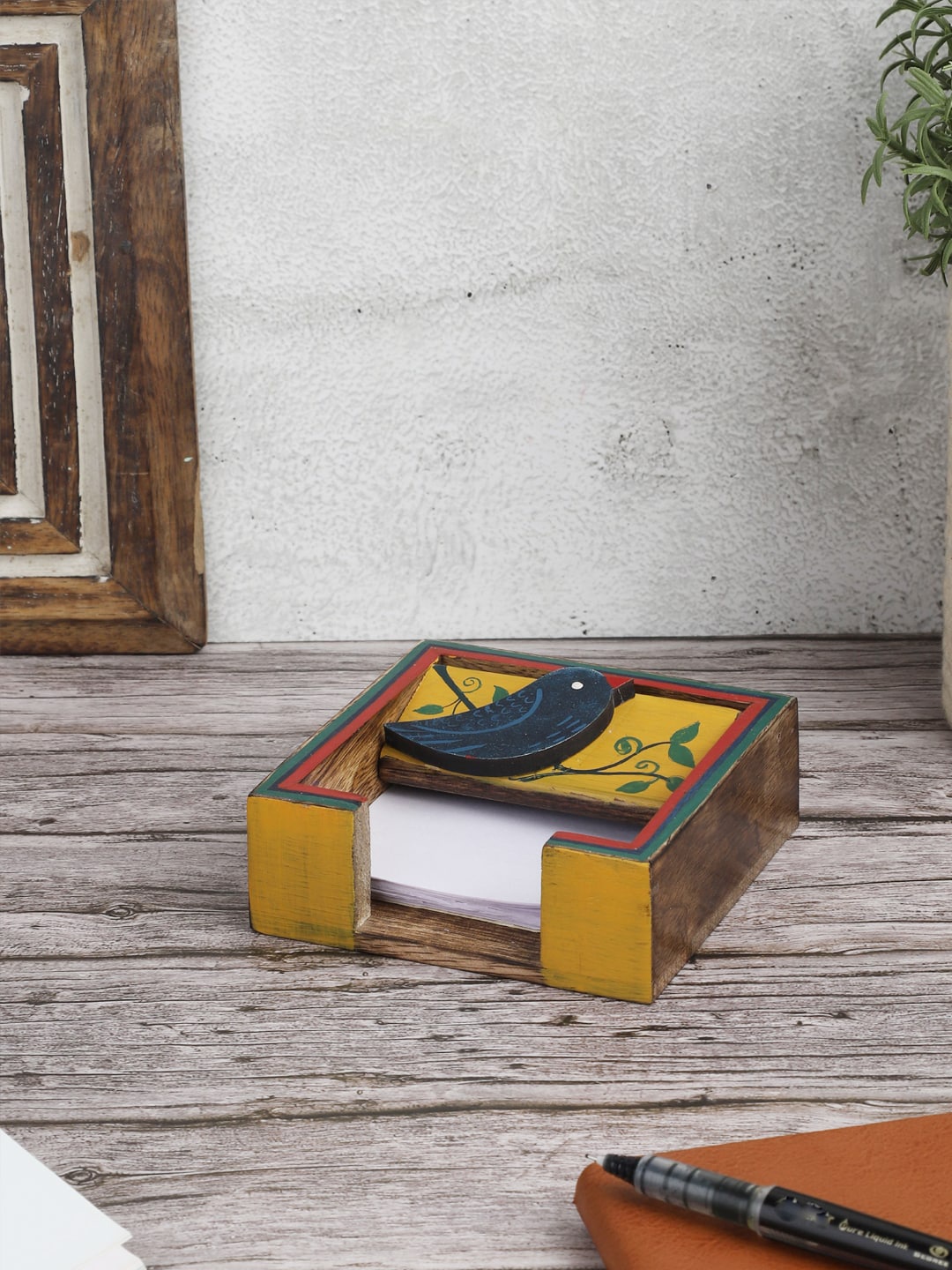 

VarEesha Brown & Yellow Solid Hand Painted Bird Mango Wood Paper Slips Holder
