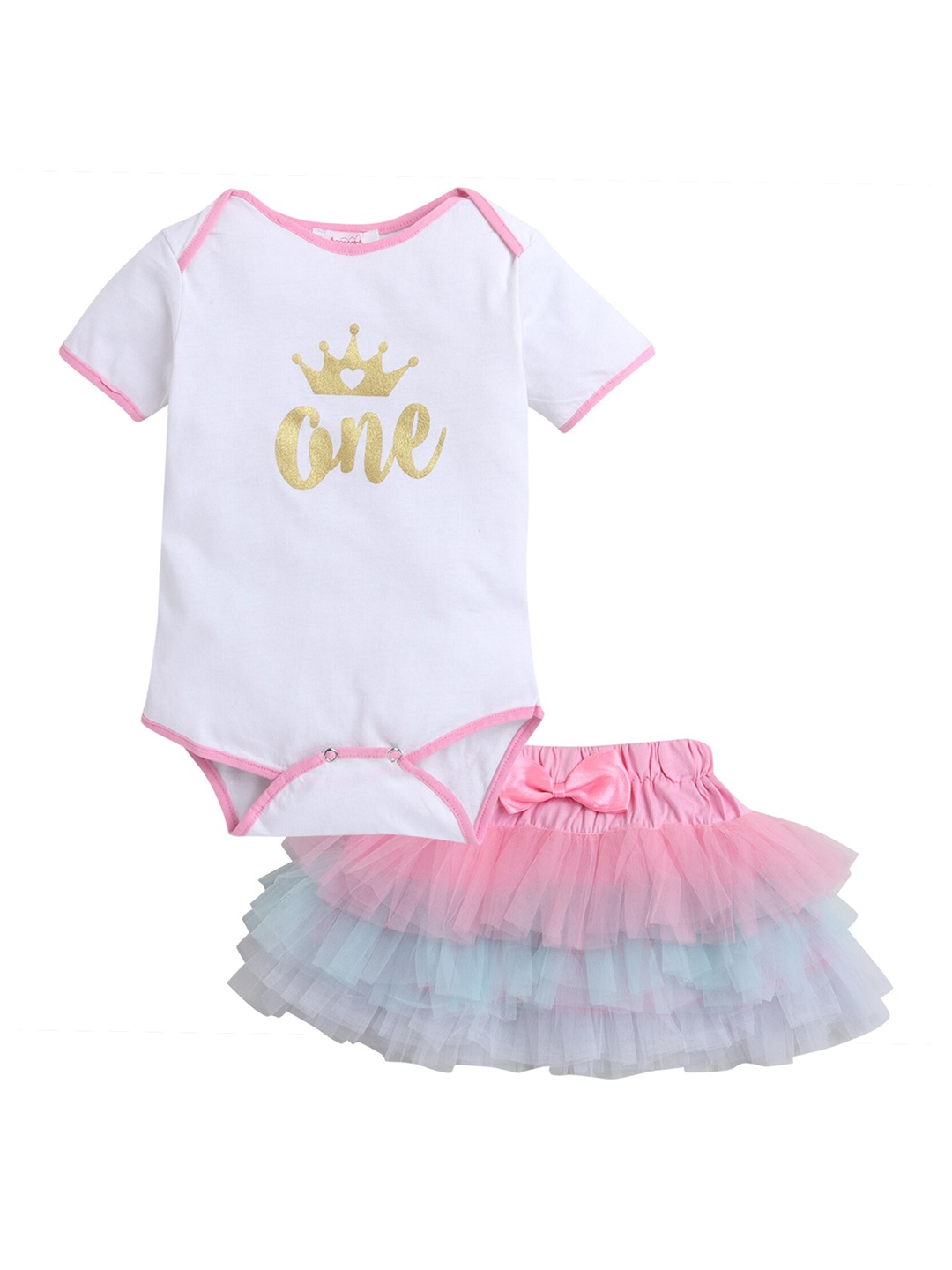 

Hopscotch Girls White & Pink Printed Bodysuit with Skirt