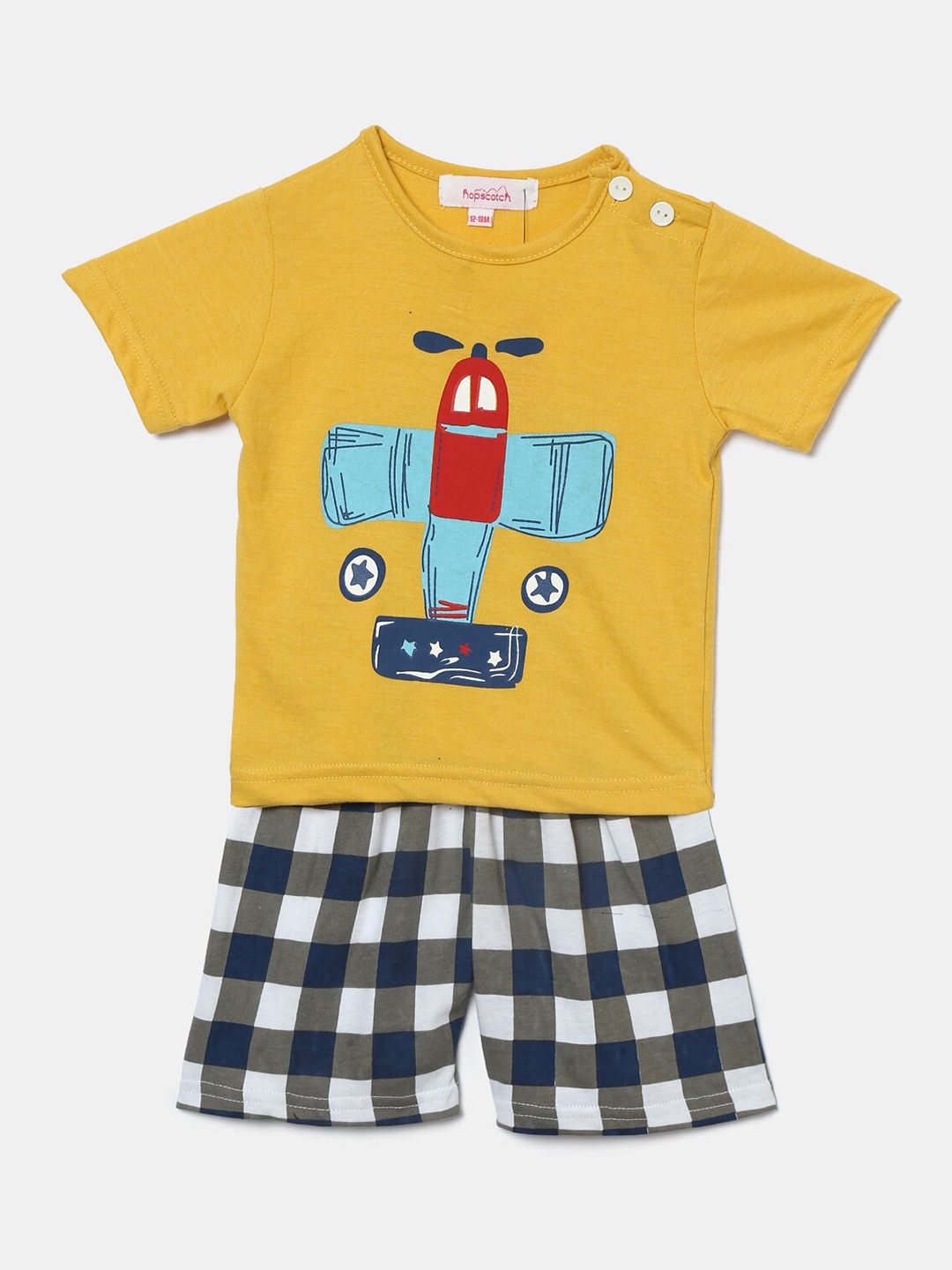 

Hopscotch Kids Yellow & White Checked Pure Cotton T-shirt with Shorts