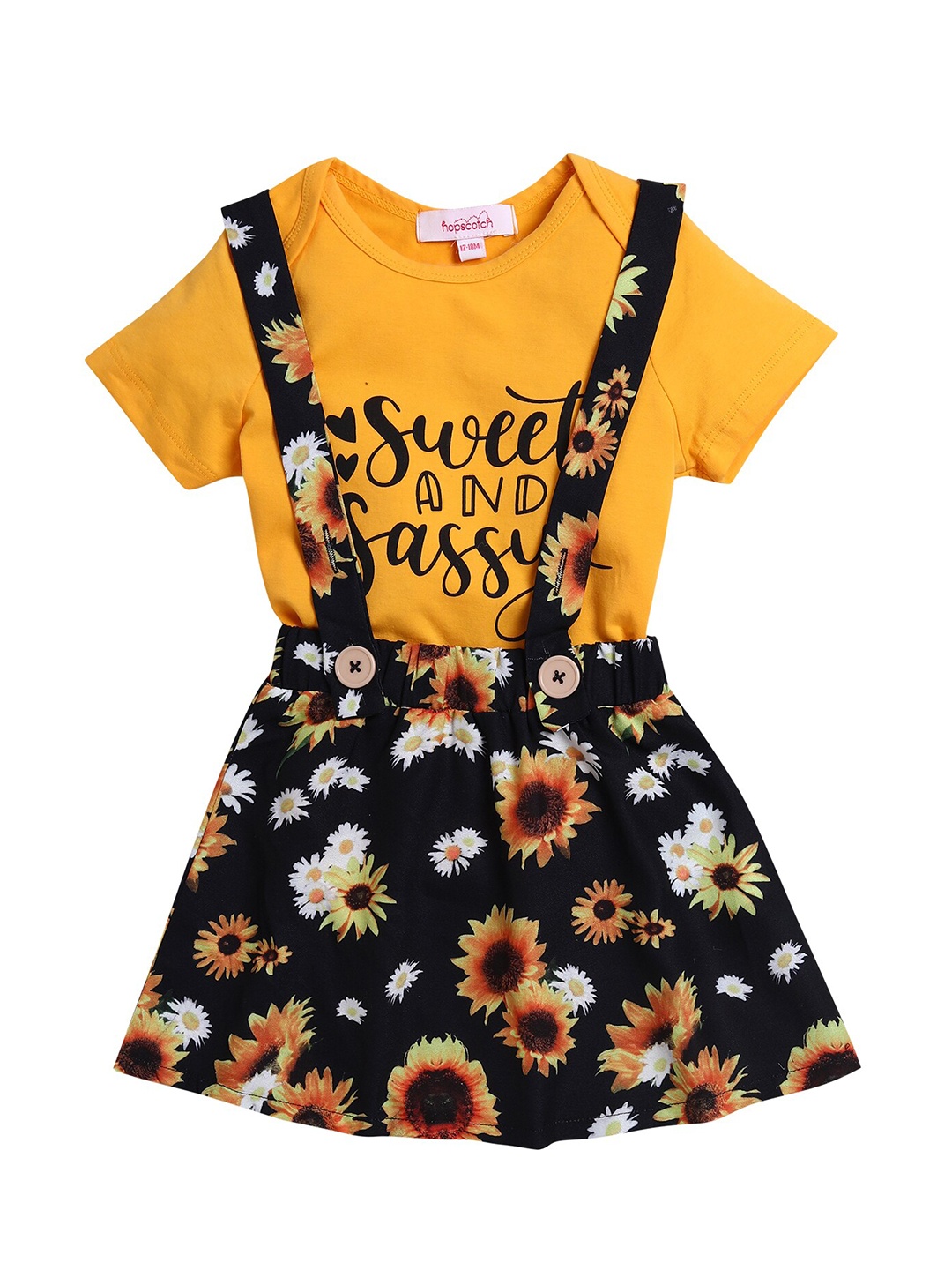 

Hopscotch Girls Yellow & Navy Blue Printed T-shirt with Skirt