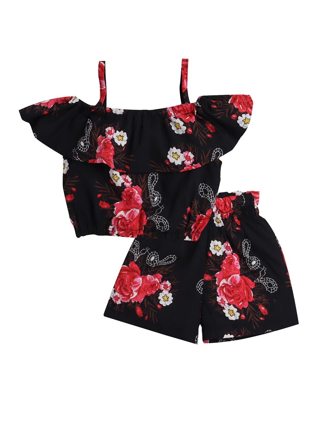

Hopscotch Girls Black & Red Floral Printed Top with Shorts
