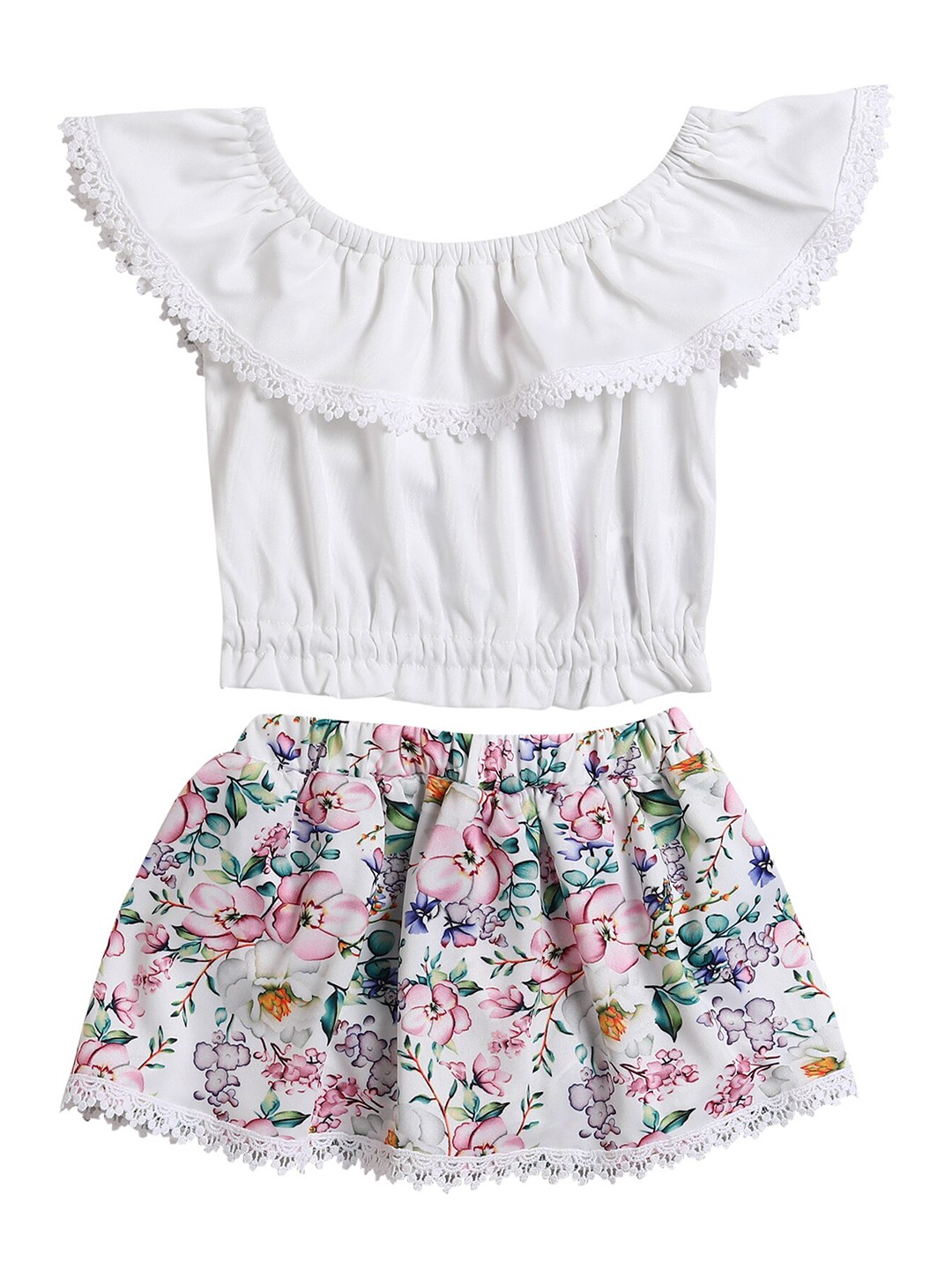 

Hopscotch Girls White & Pink Printed Top with Skirt