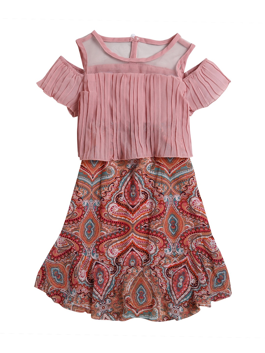 

Hopscotch Girls Pink & Brown Printed Top with Skirt