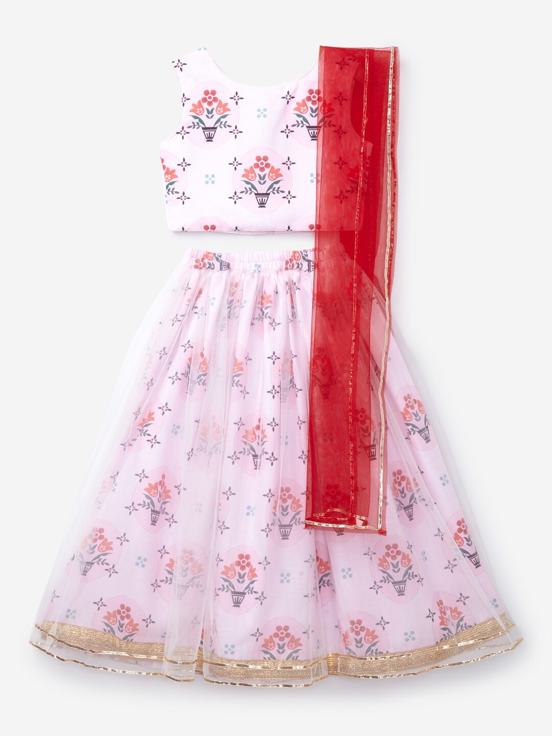 

K&U Girls White & Red Printed Ready to Wear Lehenga & Blouse With Dupatta