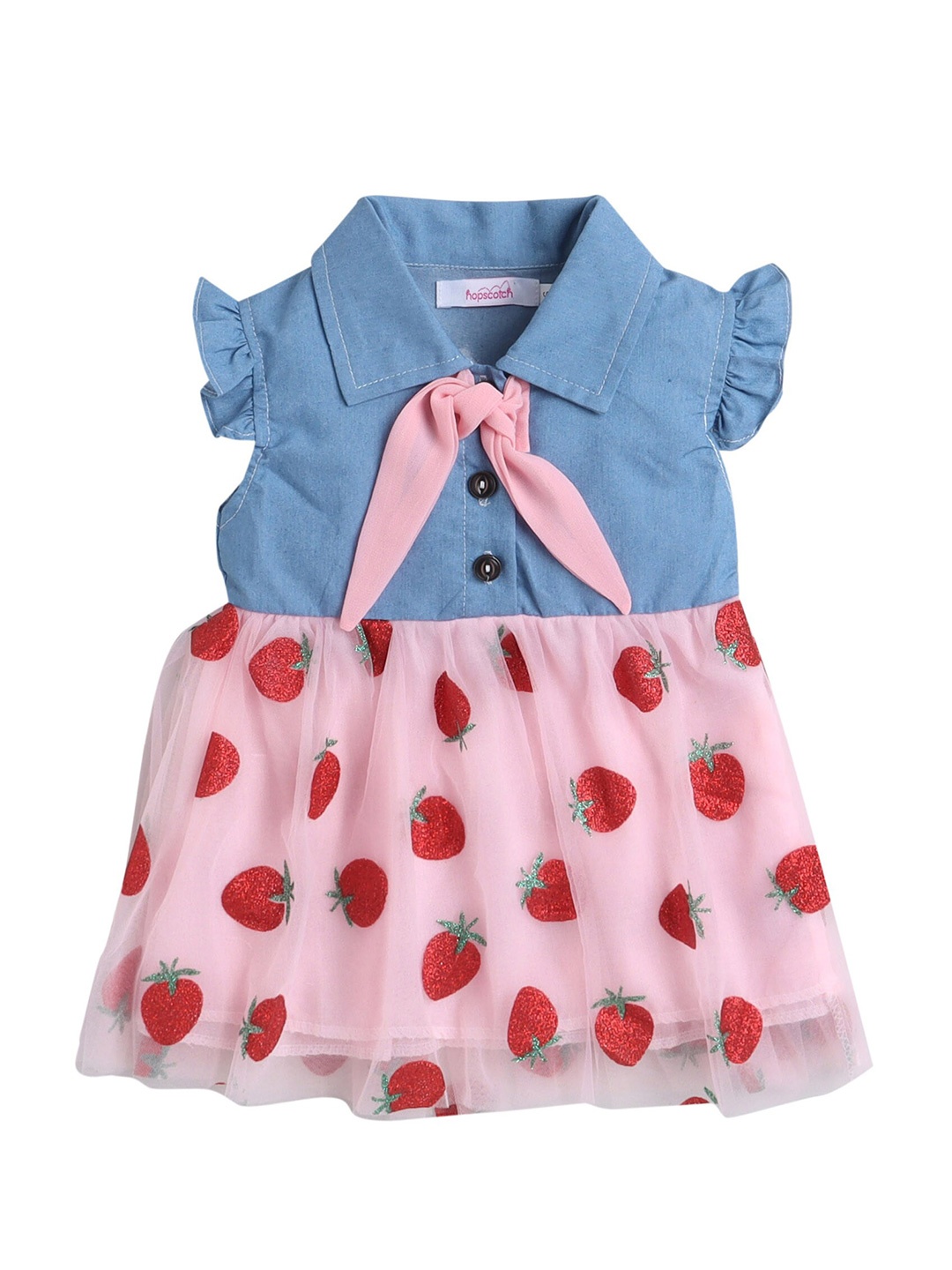 

Hopscotch Girls Pink & Blue Conversational Printed Fit & Flare Dress with Hat