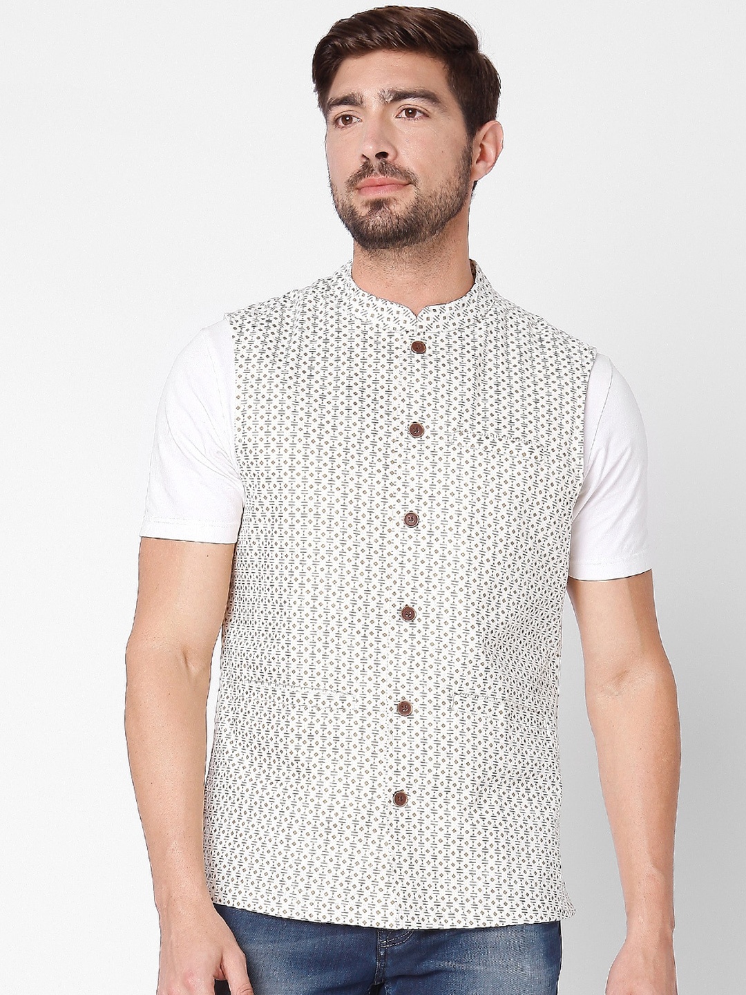 

SALWAR STUDIO Men Off White & Black Printed Pure Cotton Woven Nehru Jacket