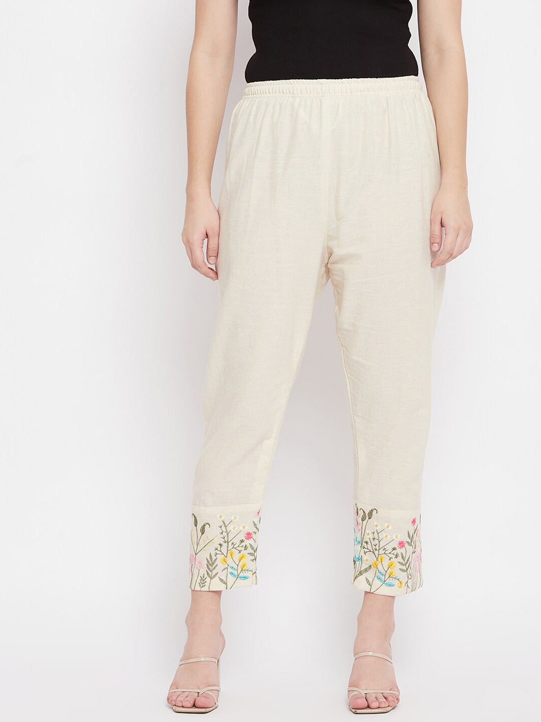

Clora Creation Women Beige & Yellow Floral Hem Design Knitted Cotton Palazzos