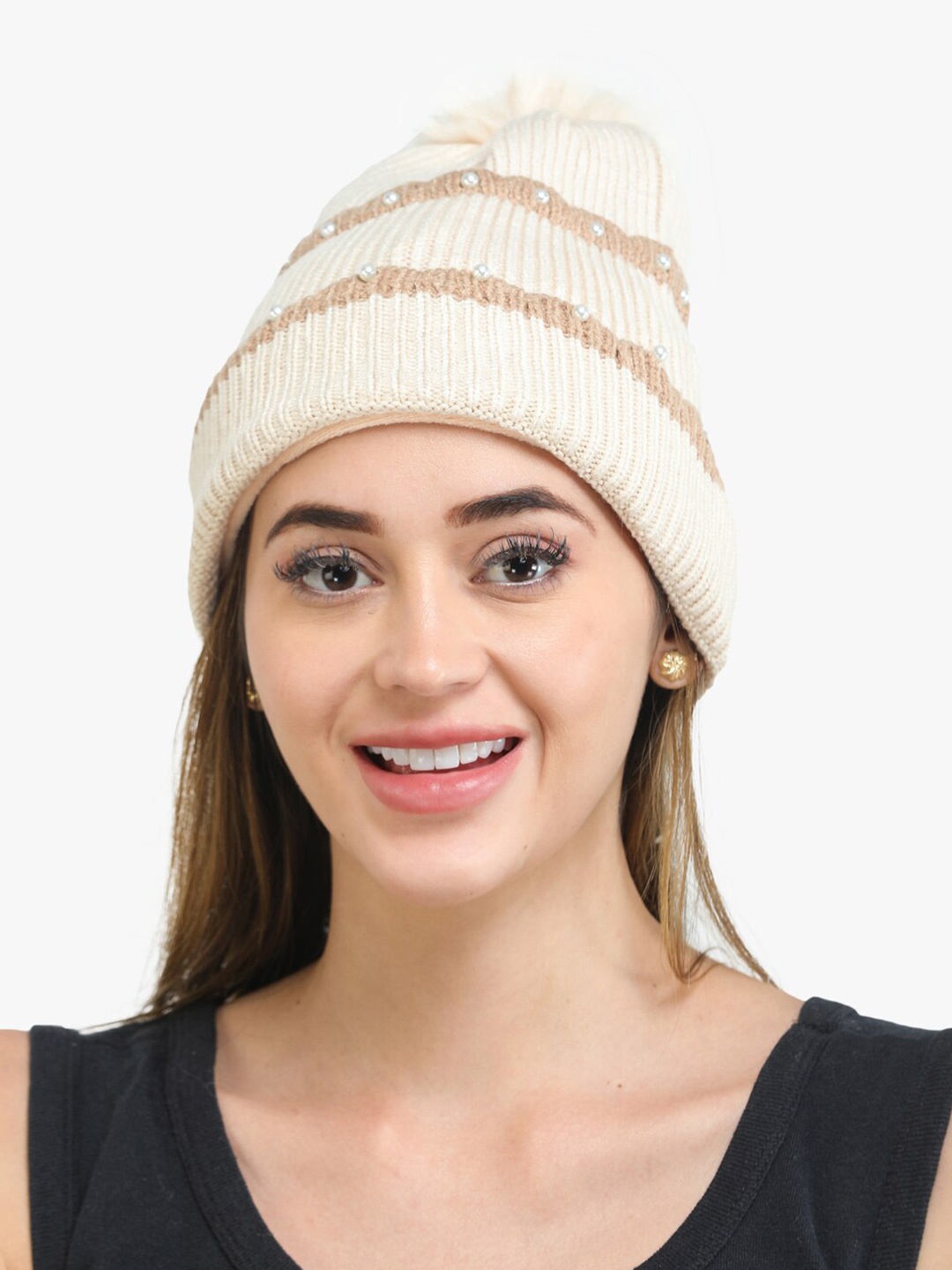 

ELLIS Women Cream-Coloured & Tan Beanie