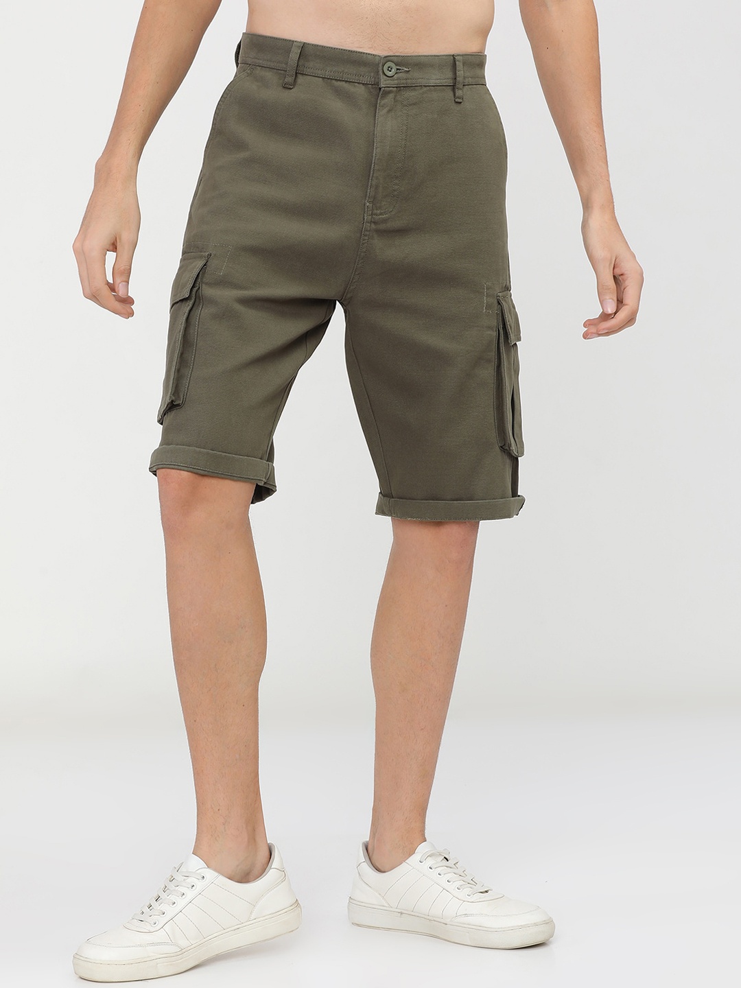 

HIGHLANDER Men Olive Green Slim Fit Cargo Shorts