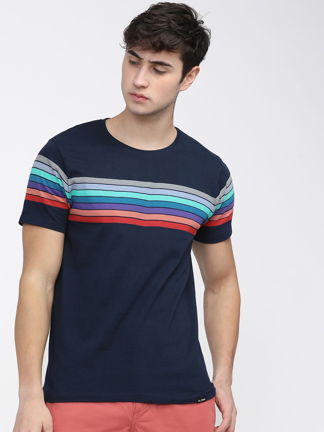 

HIGHLANDER Men Navy Blue Striped Pockets Slim Fit T-shirt