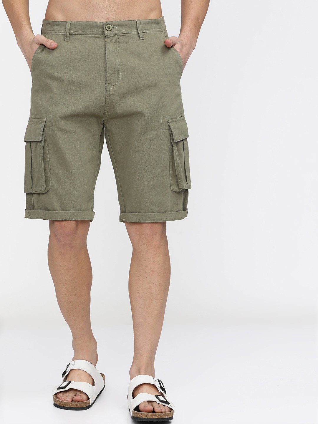 

HIGHLANDER Men Olive Green Slim Fit Cargo Shorts