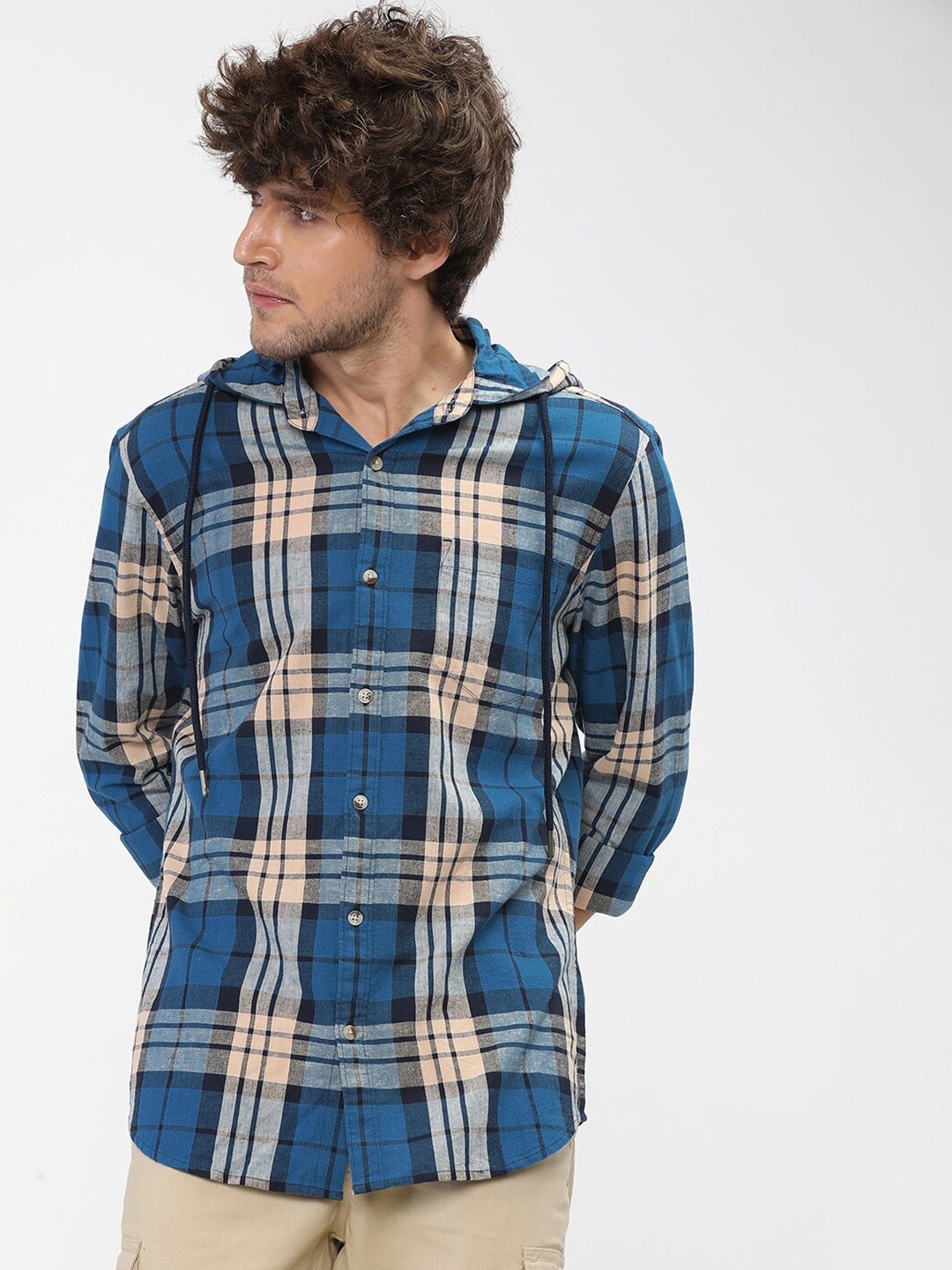 

HIGHLANDER Men Navy Blue Slim Fit Tartan Checks Checked Casual Shirt