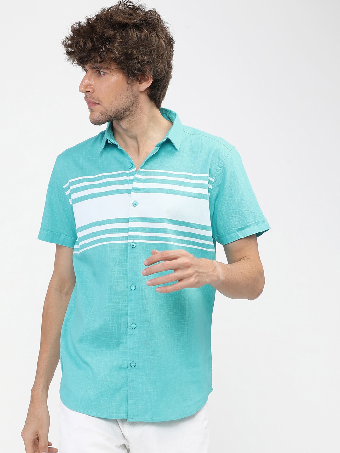 

KETCH Men Blue Slim Fit Horizontal Striped Casual Shirt, Turquoise blue