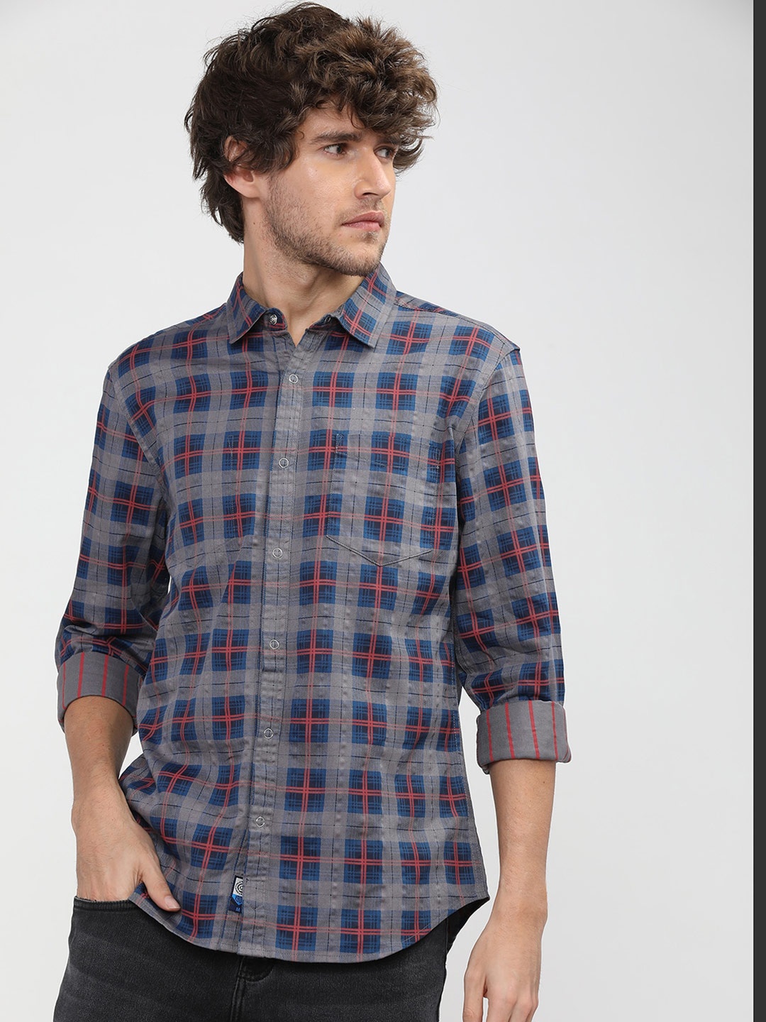 

LOCOMOTIVE Men Grey Slim Fit Tartan Checks Checked Casual Shirt