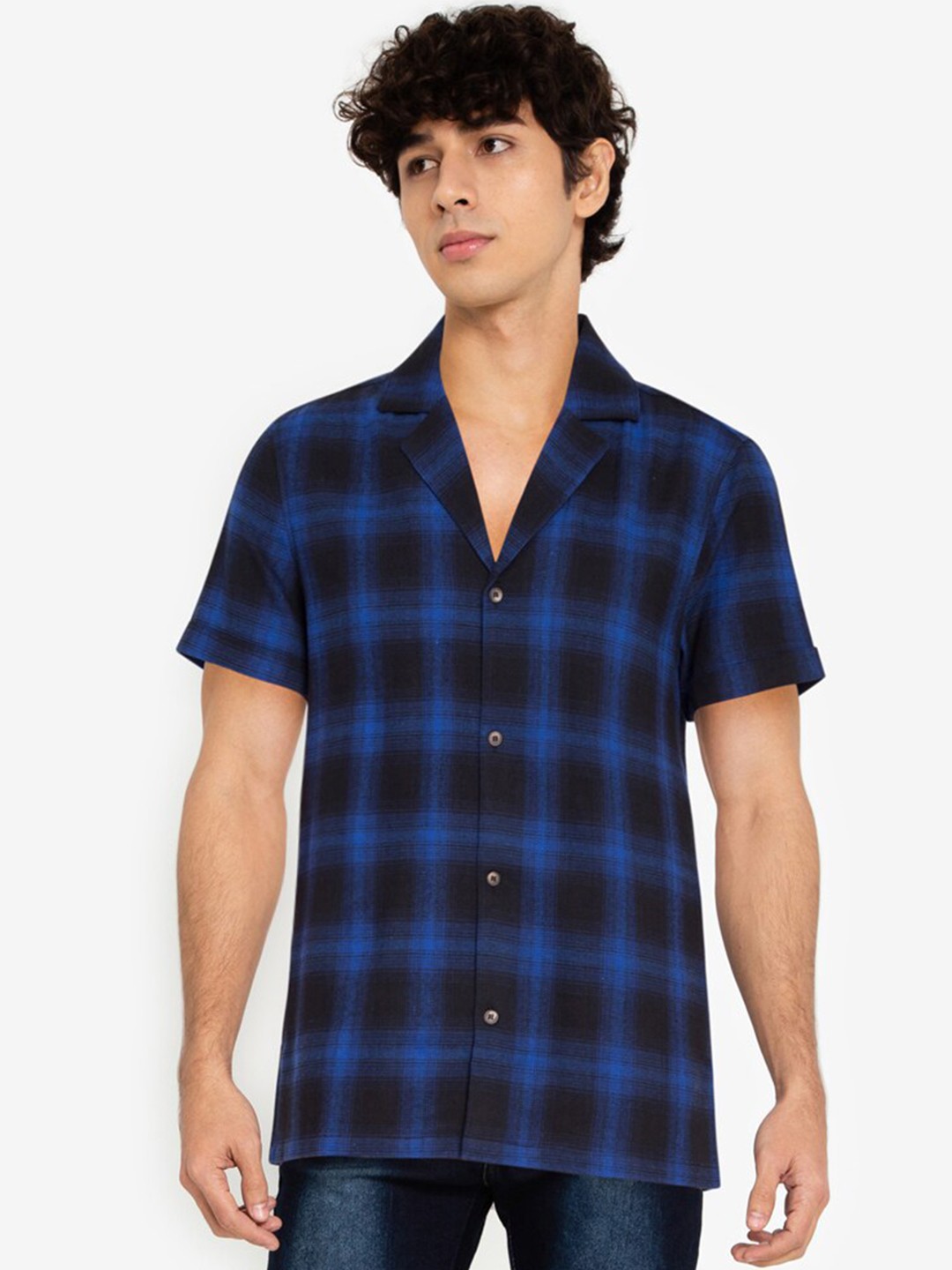 

ZALORA BASICS Men Navy Blue Tartan Checks Checkered Bowling Shirt Casual Shirt