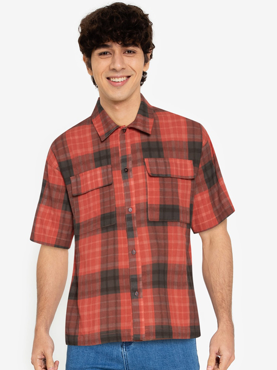 

ZALORA BASICS Men Red Checked Pure Cotton Oversize Plaid Casual Shirt