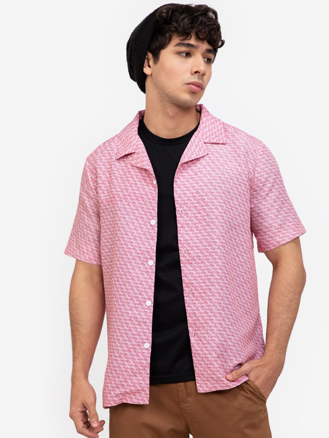 

ZALORA BASICS Men Pink Printed Casual Bowling Shirt