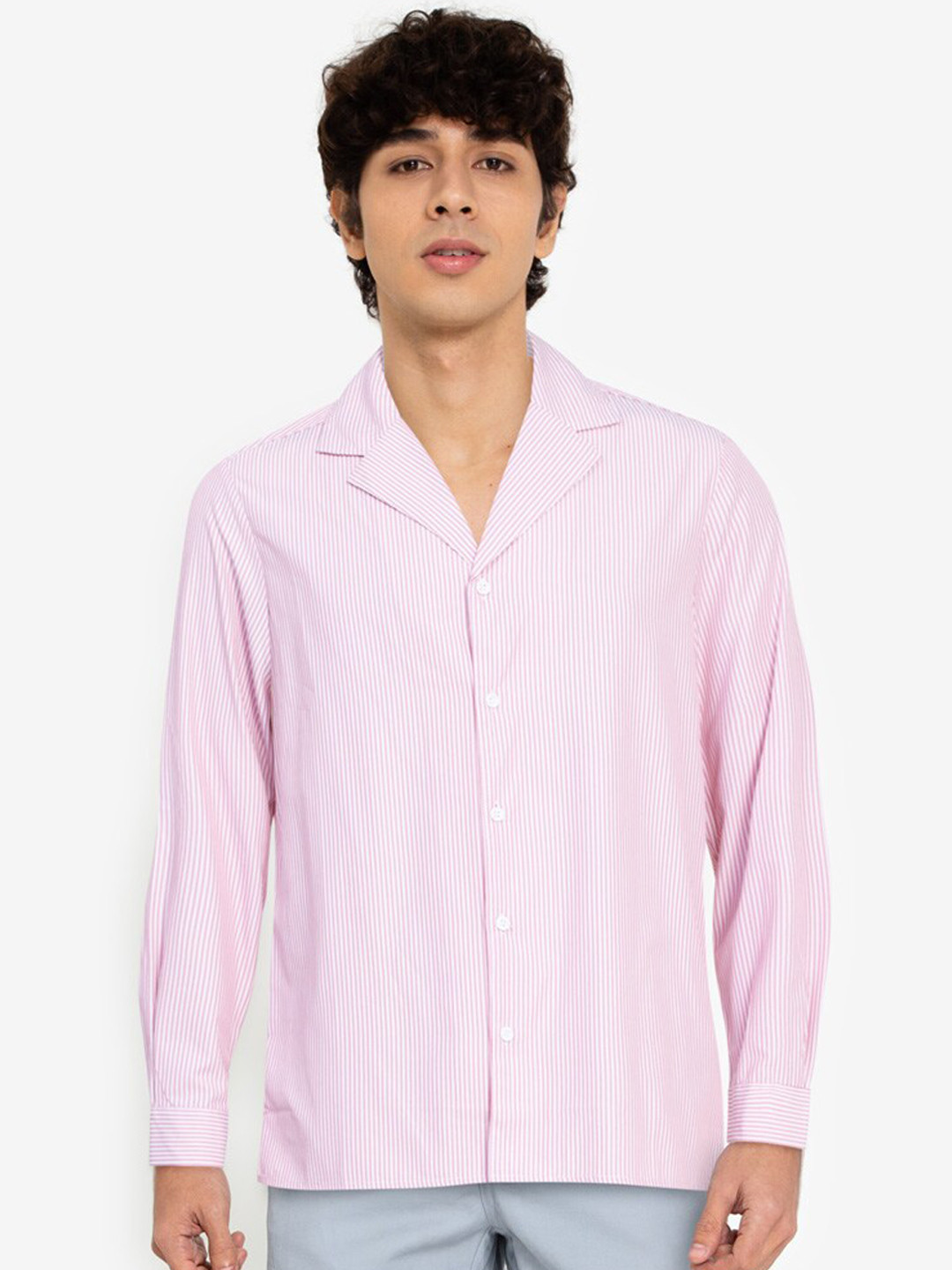 

ZALORA BASICS Men Pink Striped Camp-Collar Casual Shirt