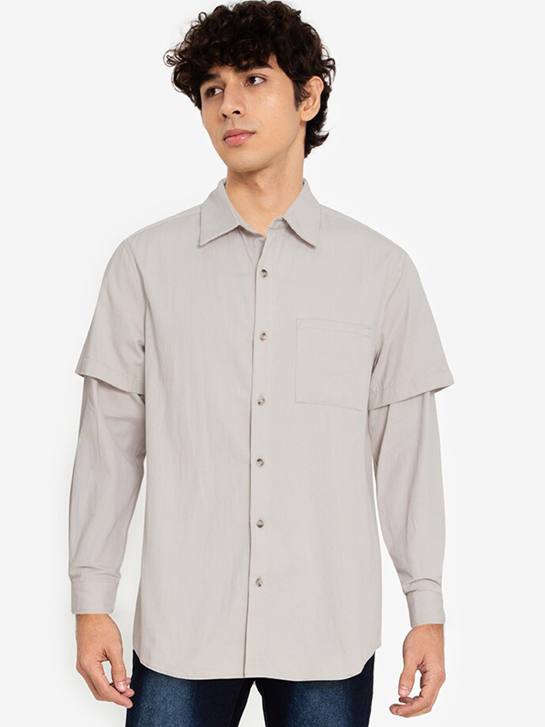 

ZALORA BASICS Men Beige Layered Sleeve Pure Cotton Casual Shirt