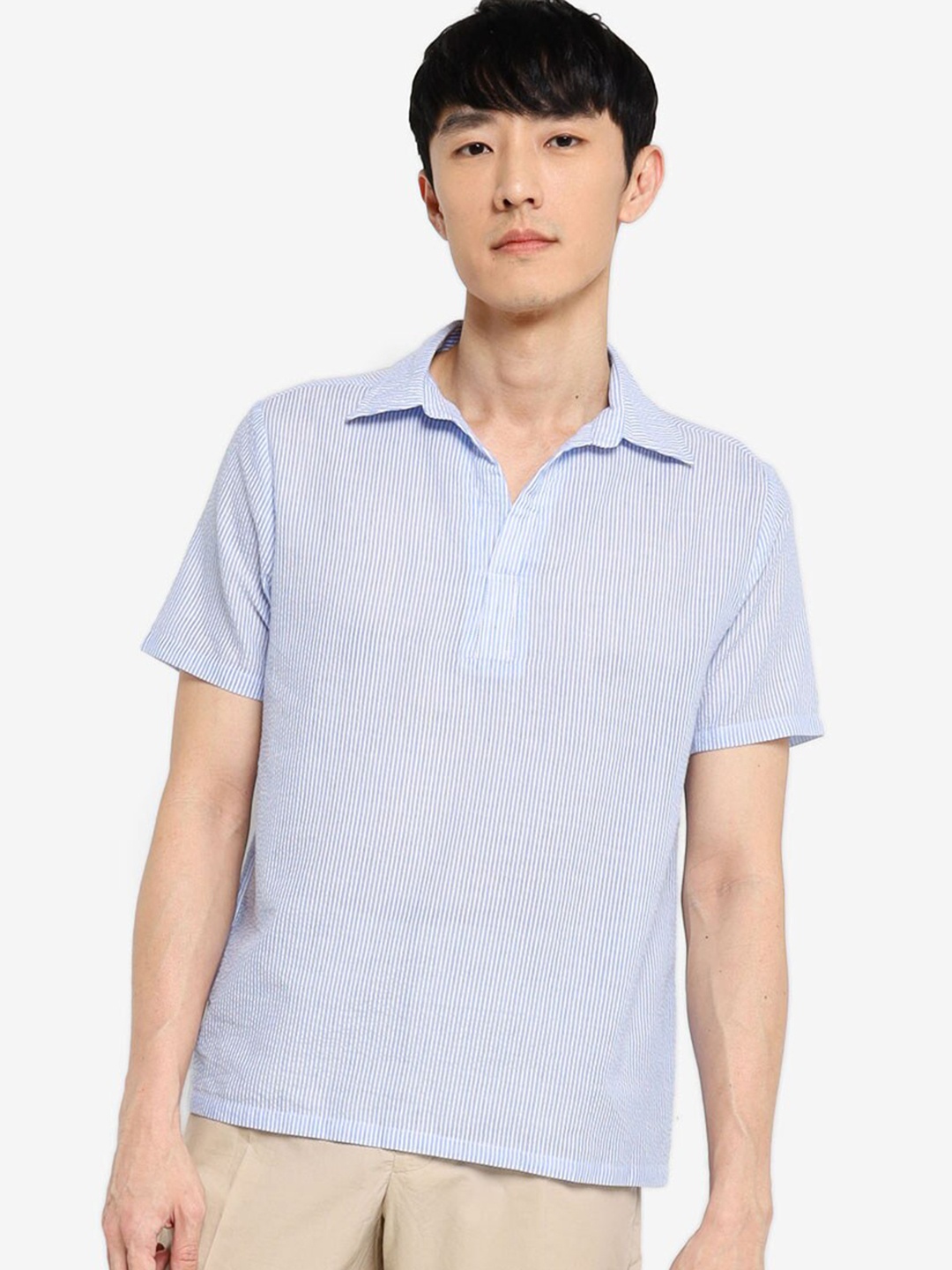 

ZALORA BASICS Men Blue Striped Pure Cotton Casual Shirt