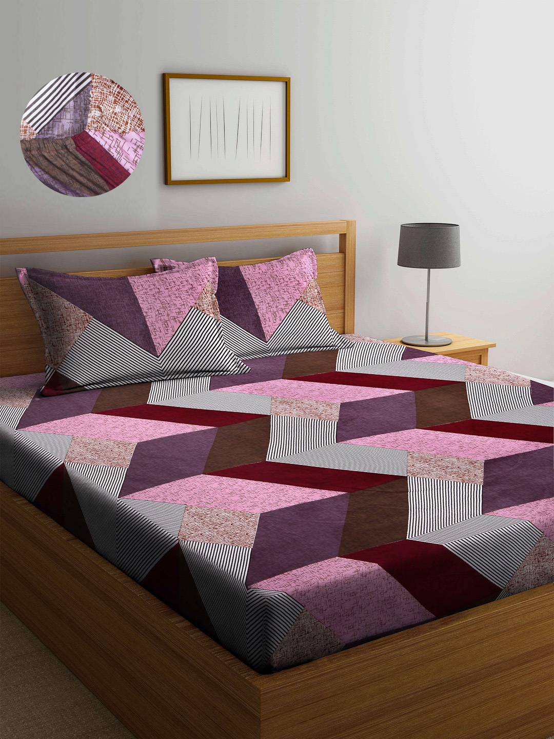 

Arrabi Purple & Burgundy Geometric 300 TC King Bedsheet with 2 Pillow Covers