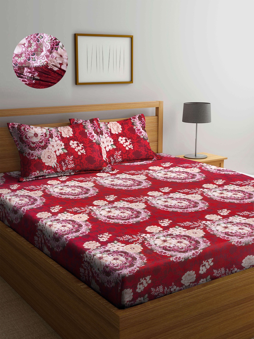 

Arrabi Red & Beige Floral 300 TC King Bedsheet with 2 Pillow Covers