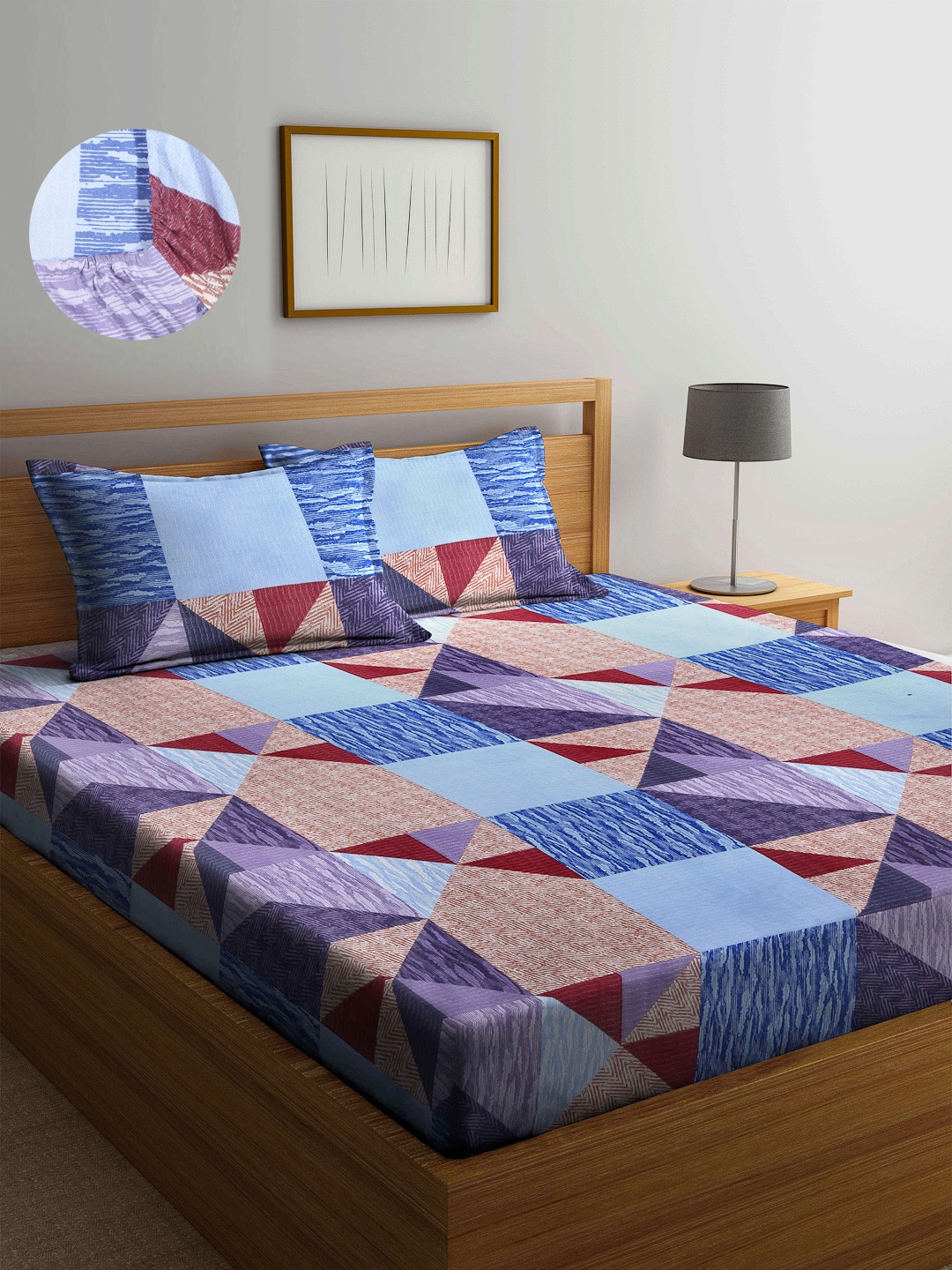 

Arrabi Blue & Brown Geometric 300 TC King Bedsheet with 2 Pillow Covers