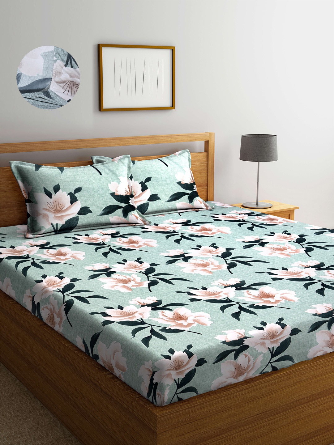 

Arrabi Green Floral 300 TC King Bedsheet with 2 Pillow Covers