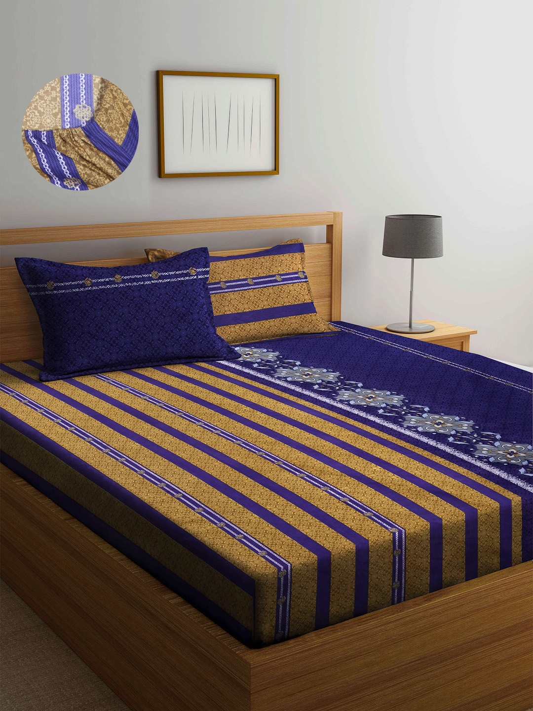 

Arrabi Blue & Mustard Graphic 300 TC King Bedsheet with 2 Pillow Covers