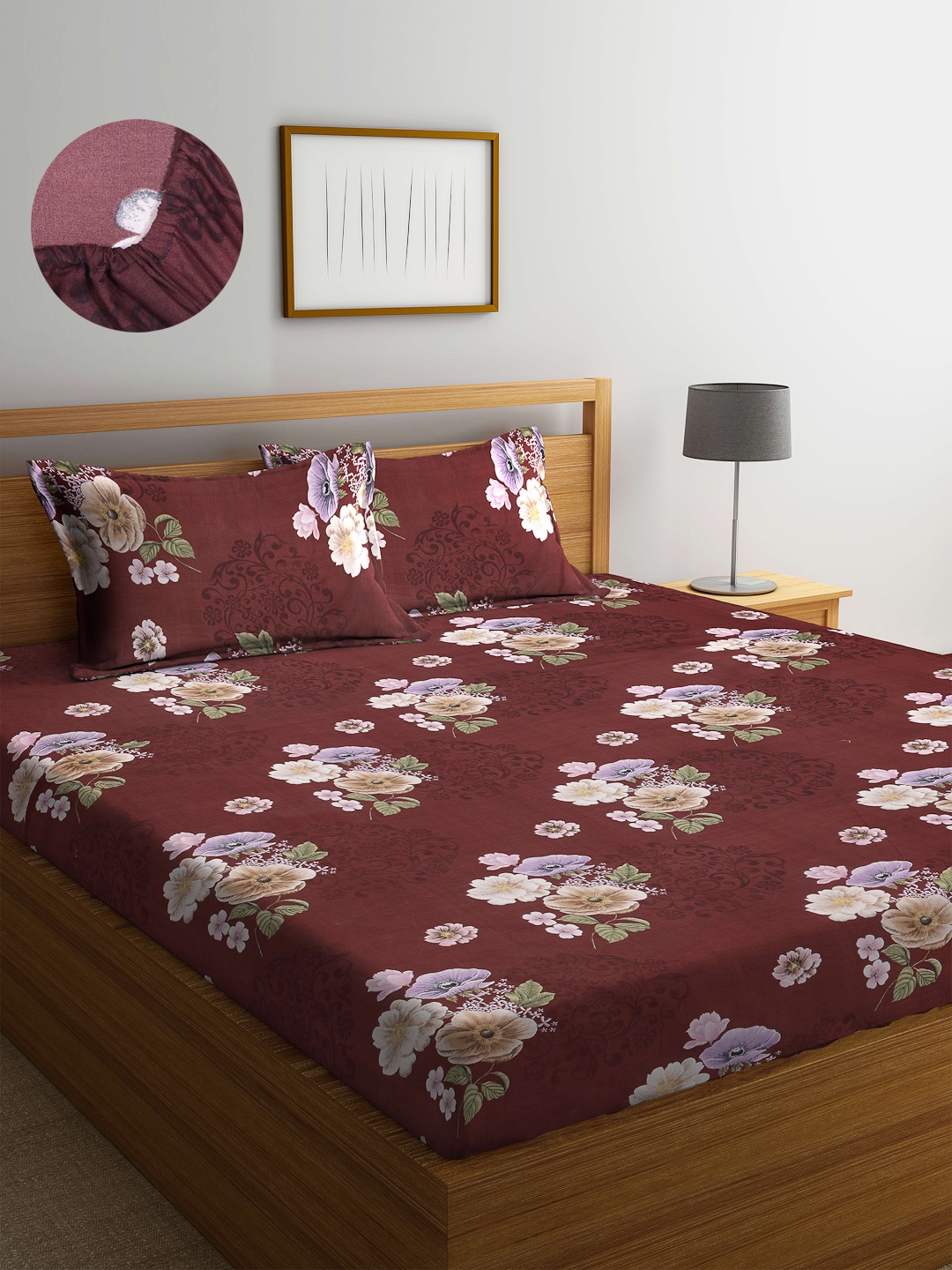 

Arrabi Brown & White Floral 300 TC Fitted King Bedsheet with 2 Pillow Covers