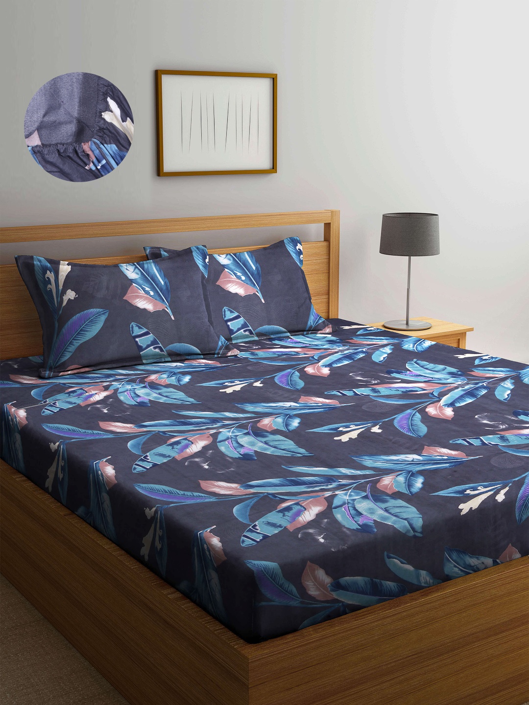 

Arrabi Black & Blue Floral 300 TC King Bedsheet with 2 Pillow Covers