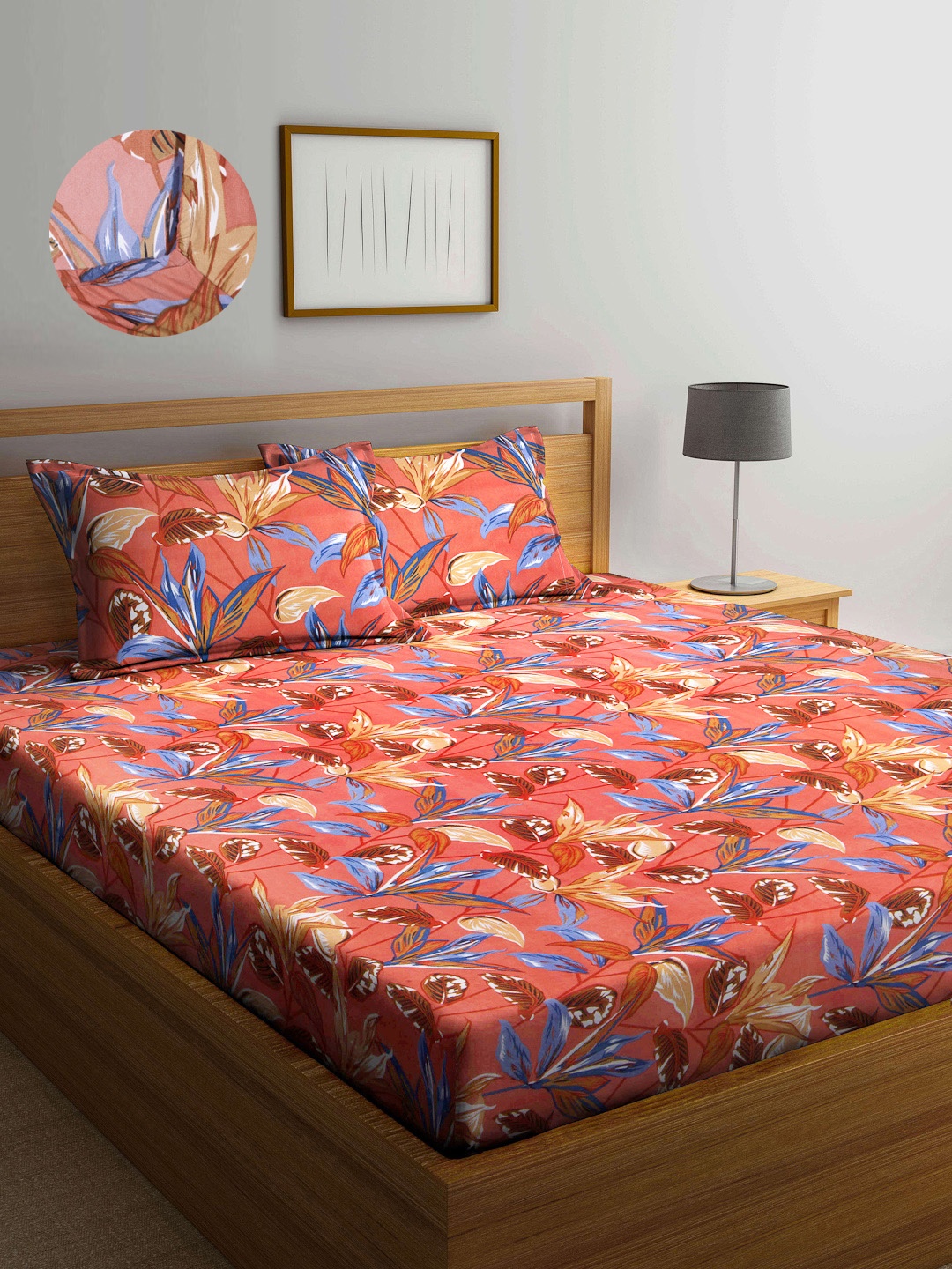 

Arrabi Peach-Coloured & Brown Floral 300 TC King Bedsheet with 2 Pillow Covers
