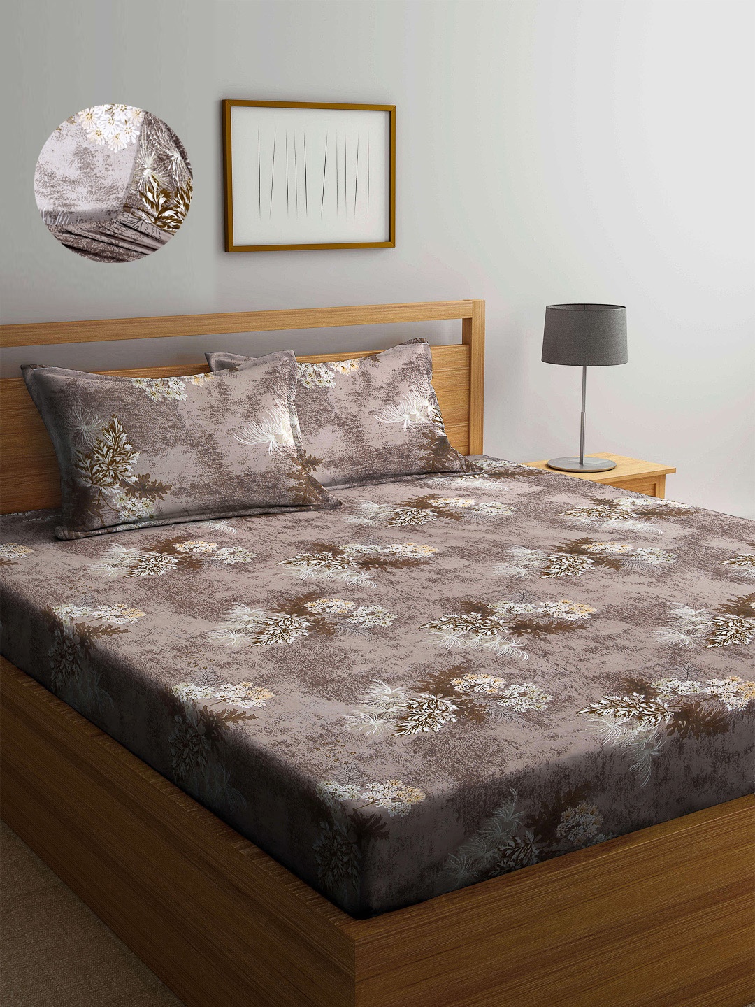 

Arrabi Brown & Grey Floral 300 TC King Bedsheet with 2 Pillow Covers