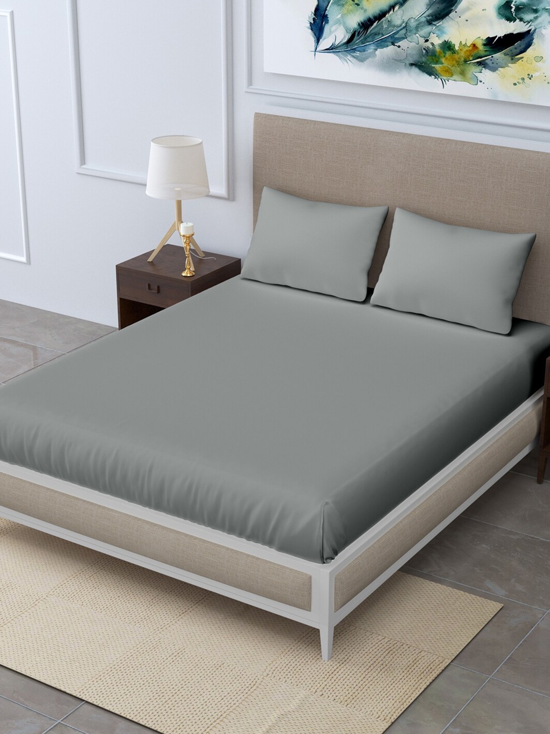 

LINENWALAS Happy Sleeping Taupe 300 TC Queen Bedsheet with 2 Pillow Covers