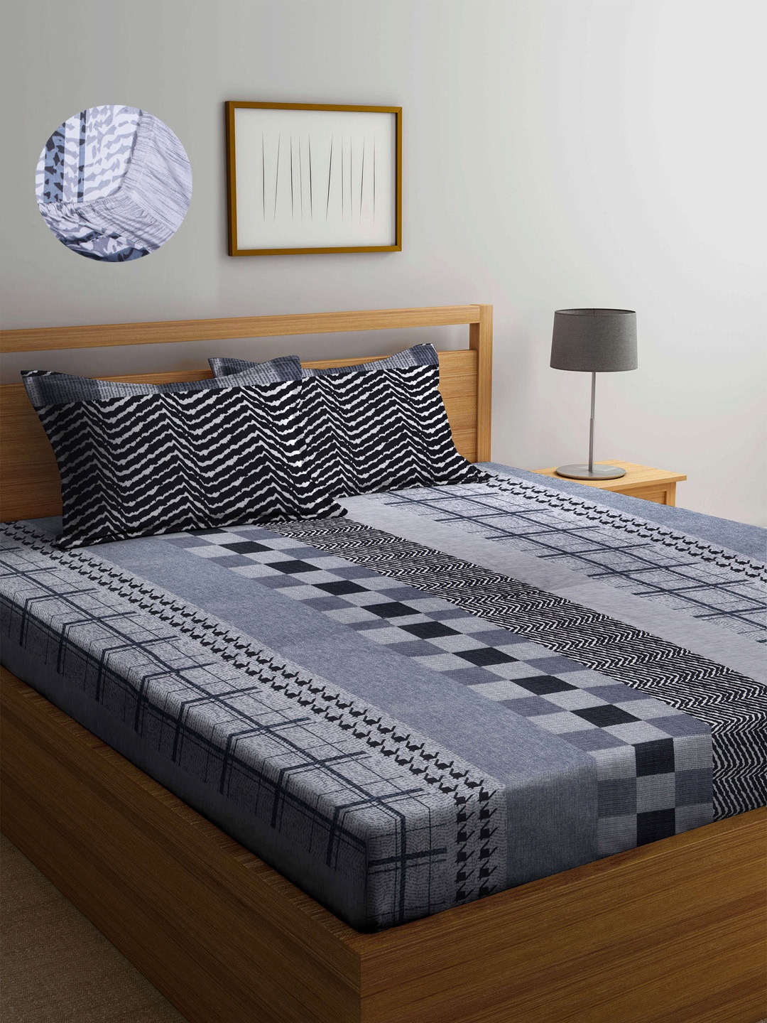 

Arrabi Grey Printed 300 TC Fitted King Bedsheet with Pillow Covers