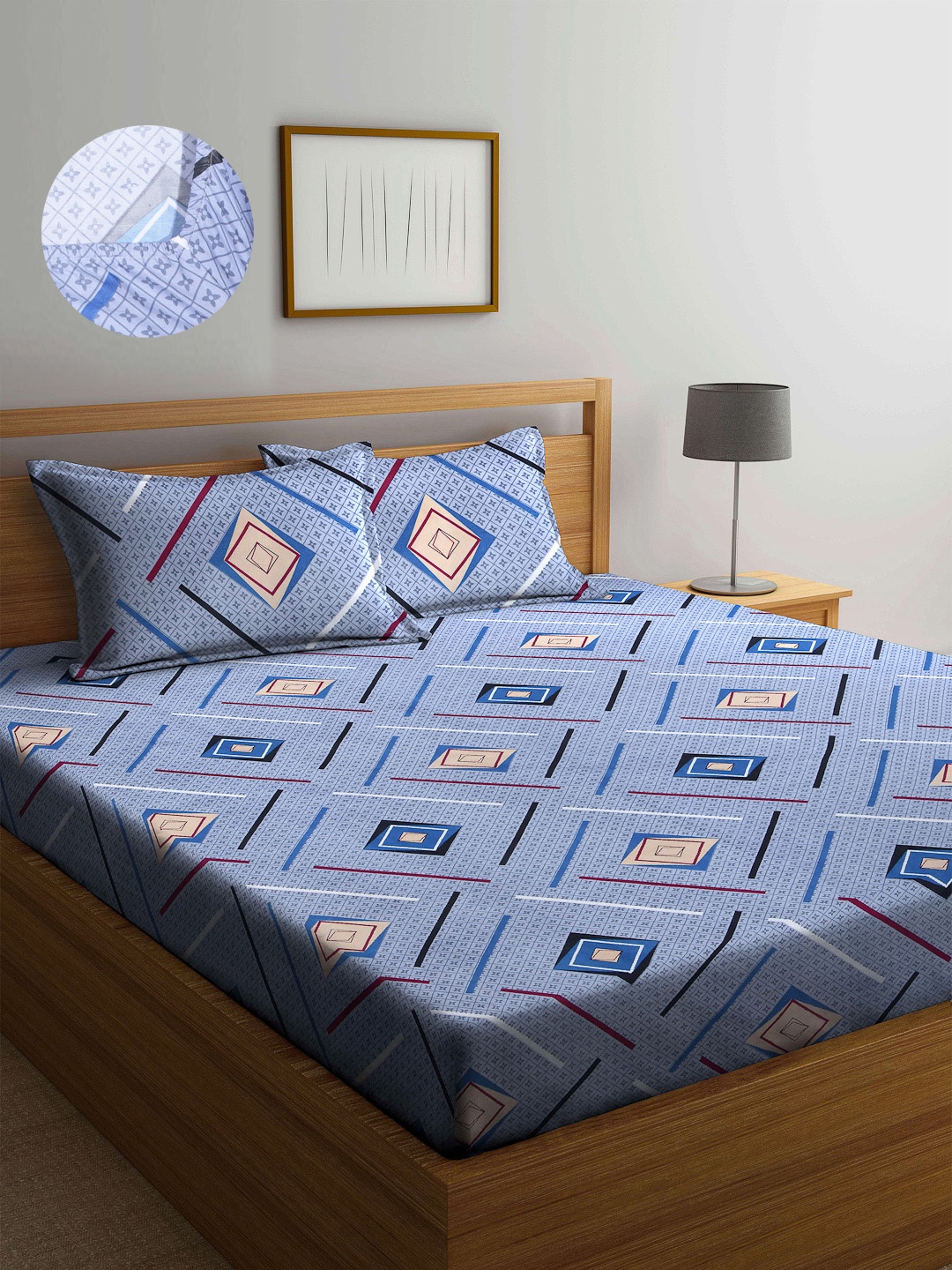 

Arrabi Blue & Beige Graphic 300 TC King Bedsheet with 2 Pillow Covers