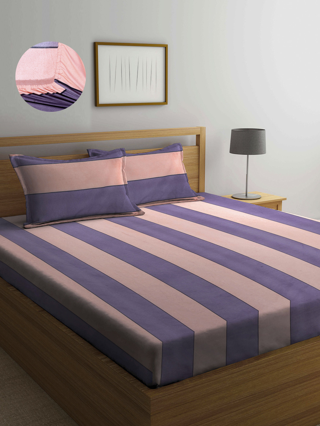

Arrabi Peach-Coloured & Purple Striped 300 TC King Bedsheet with 2 Pillow Covers