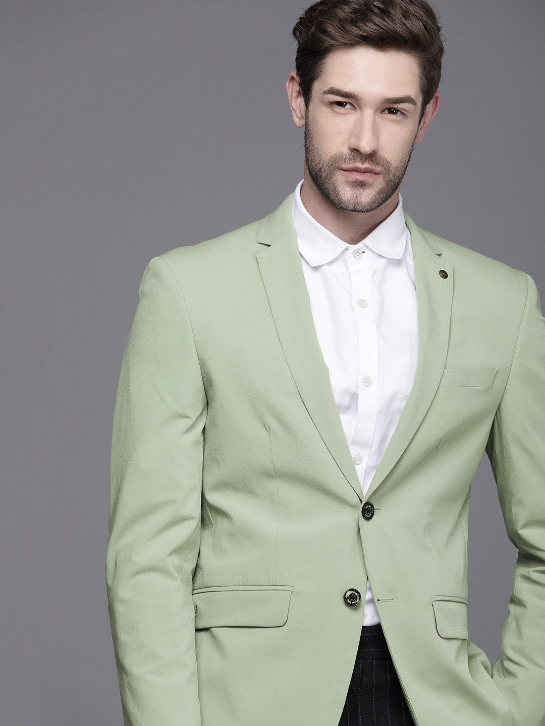 

Allen Solly Men Light Green Solid Slim-Fit Single-Breasted Blazer