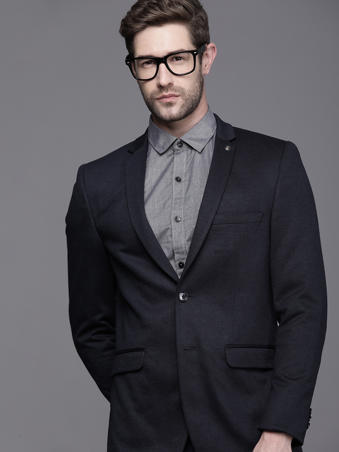 

Allen Solly Men Navy Blue Jersey Fit Solid Single Breasted Formal Blazer