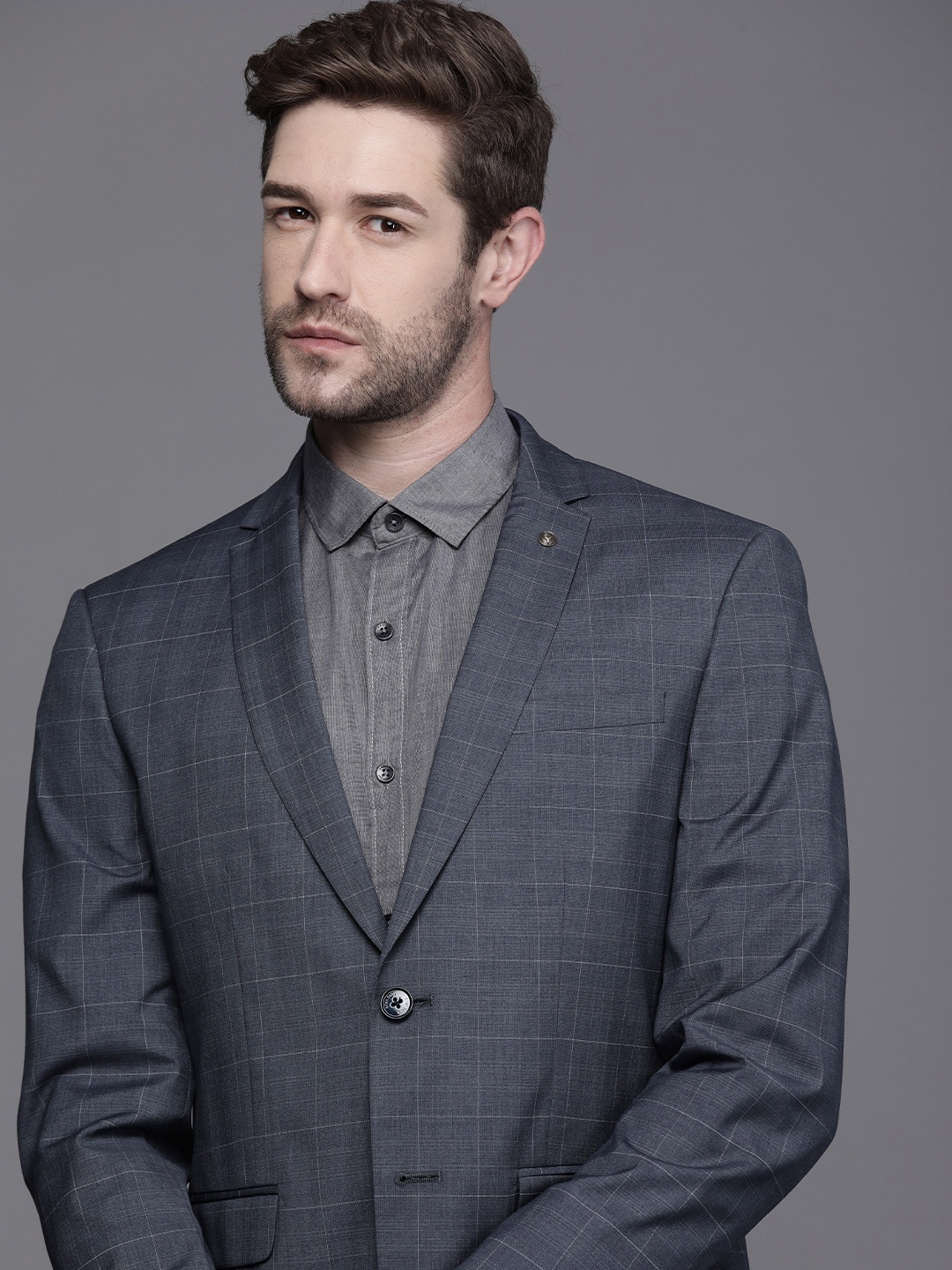 

Allen Solly Men Medium Grey Checked Slim-Fit Single-Breasted Blazer