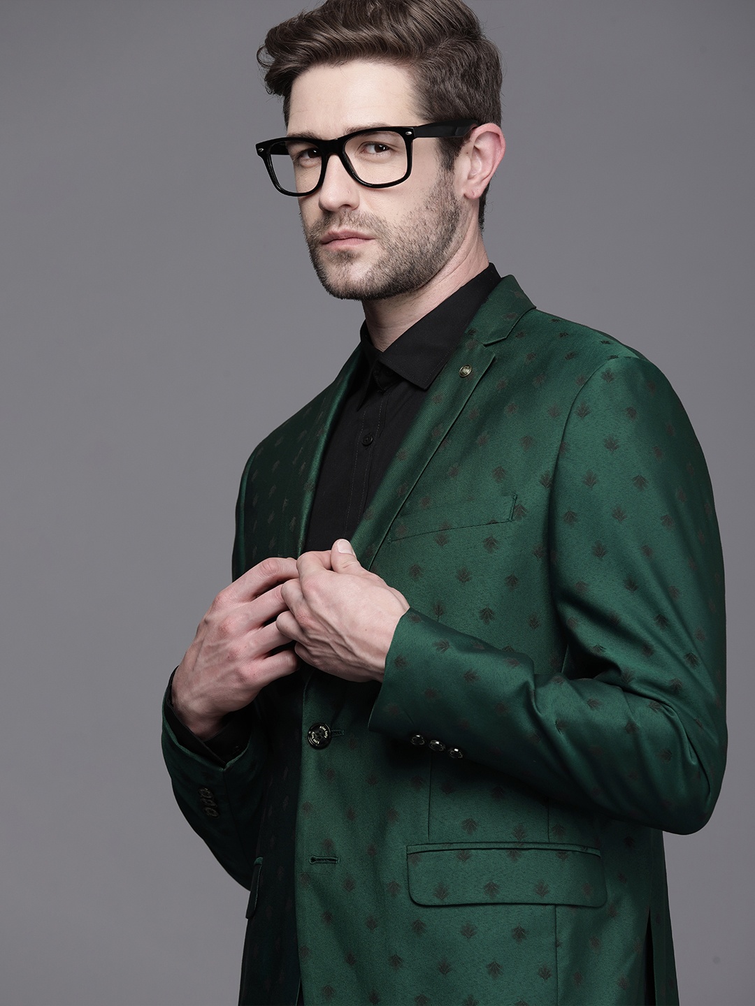 

Allen Solly Men Dark Green Printed Slim-Fit Single-Breasted Blazer