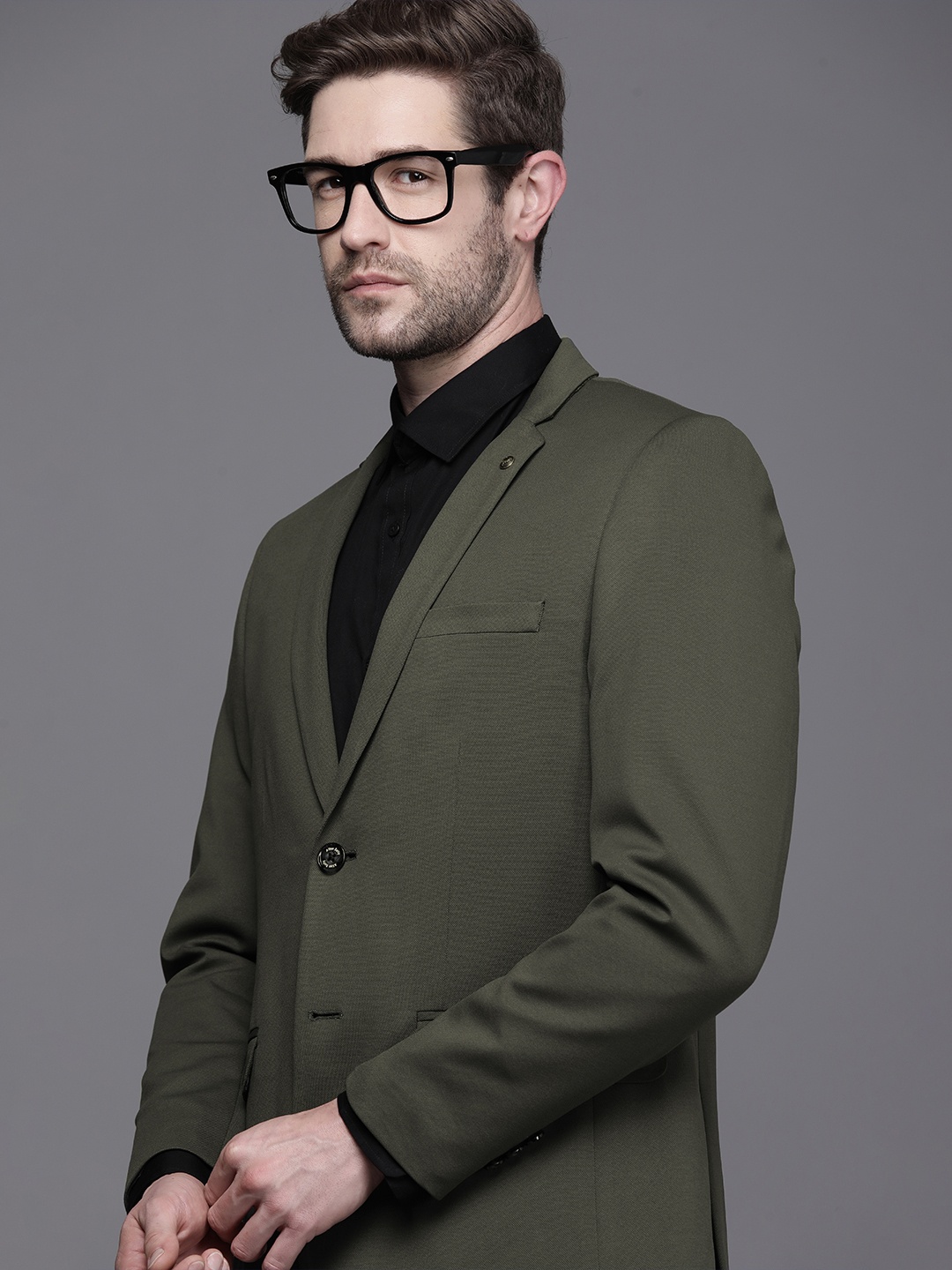 

Allen Solly Men Olive Green Jersey Fit Solid Single Breasted Formal Blazer