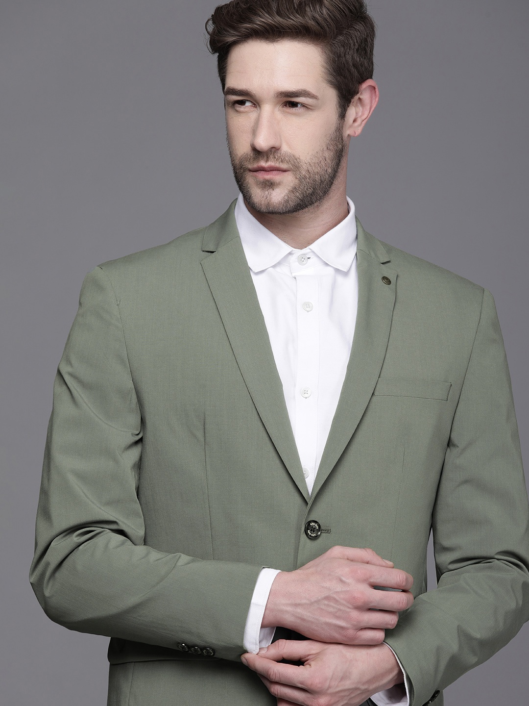 

Allen Solly Men Green Slim Fit Solid Single Breasted Formal Blazer