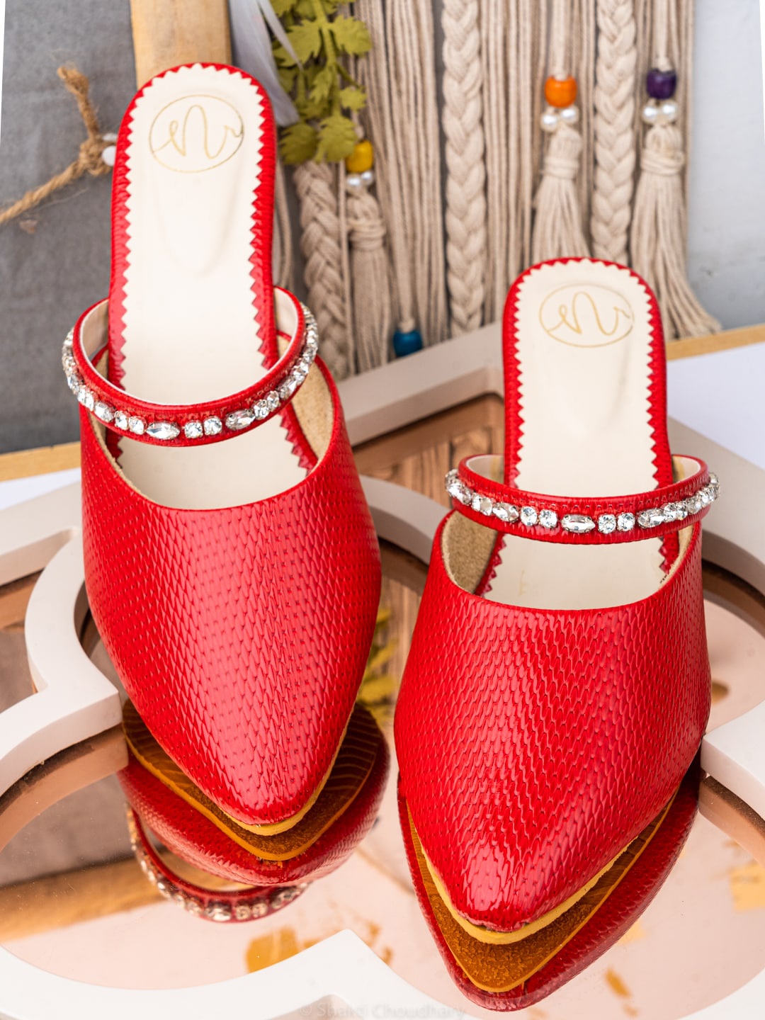 

NR By Nidhi Rathi Red Textured Stones Detail Leather Block Mules