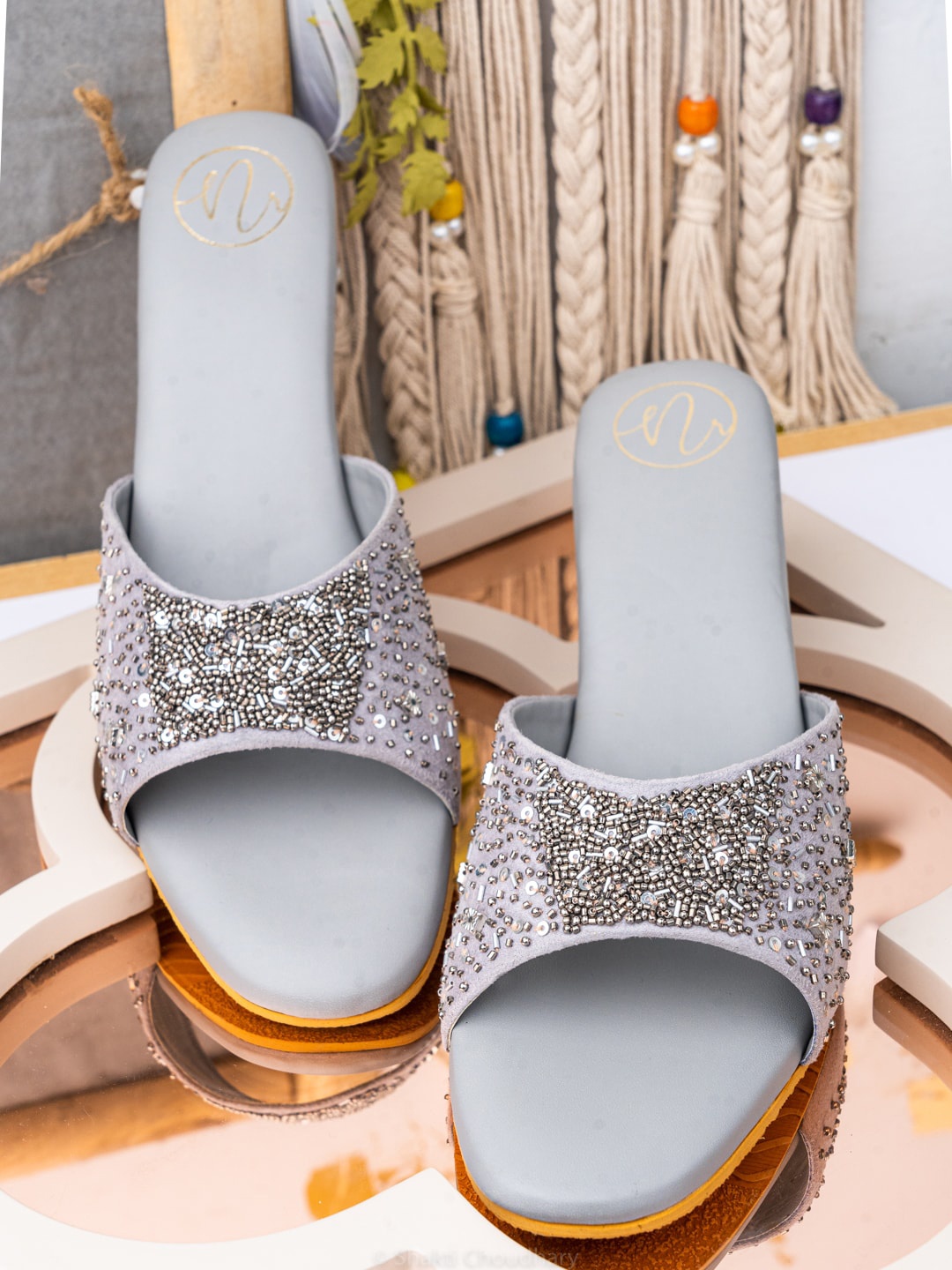 

NR By Nidhi Rathi Silver-Toned Embellished Leather Ethnic Wedge Sandals