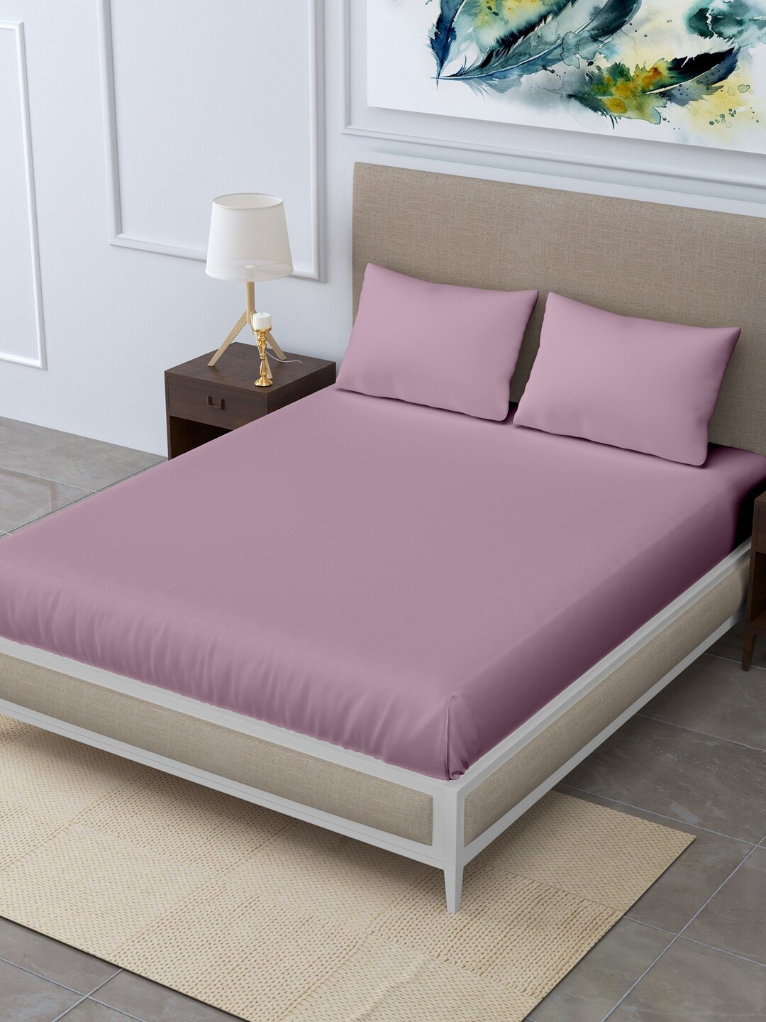 

LINENWALAS Happy Sleeping Lavender 300 TC Queen Bedsheet with 2 Pillow Covers
