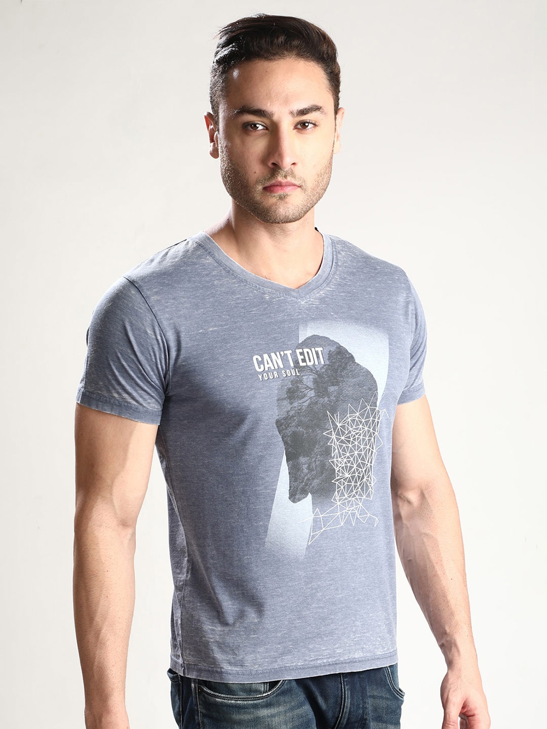

Dream of Glory Inc Men Blue Typography Printed V-Neck Raw Edge Outdoor T-shirt